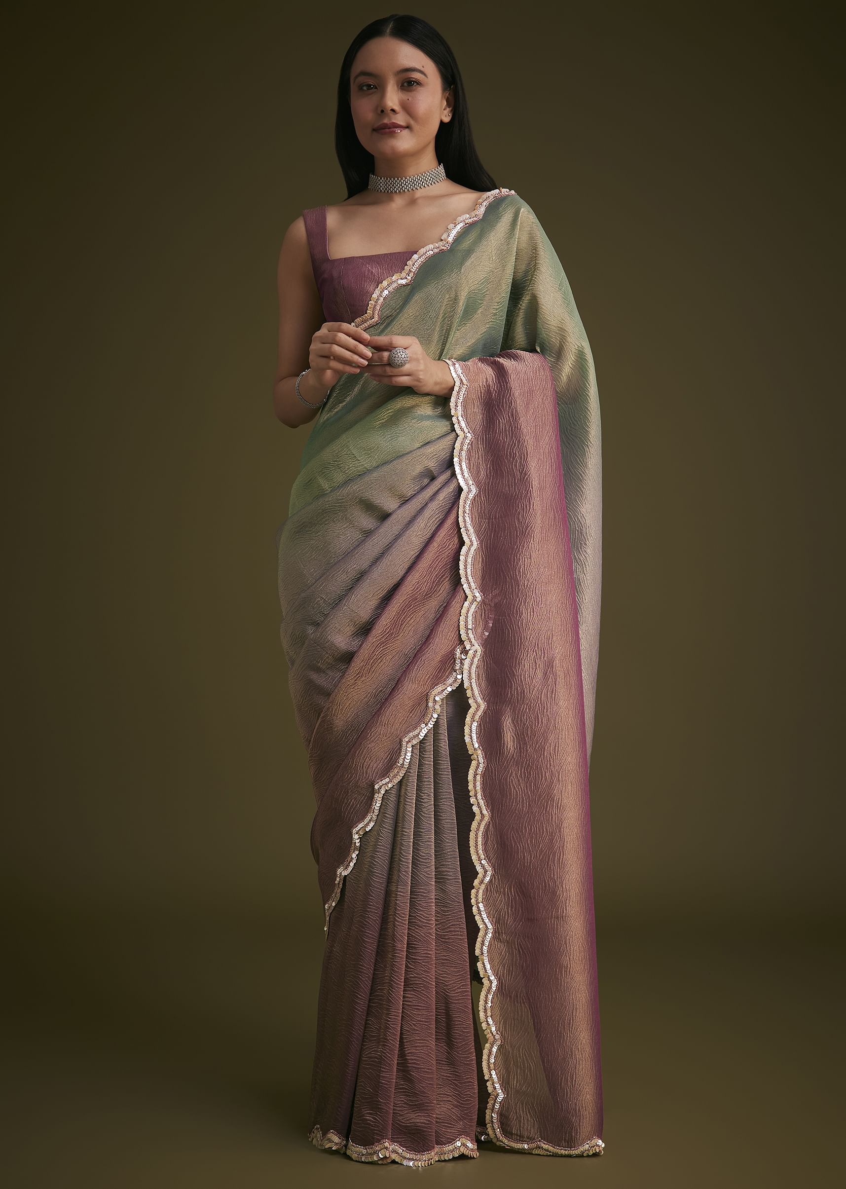 Purple Ombre Tissue Saree With Scallop Border - Image 2