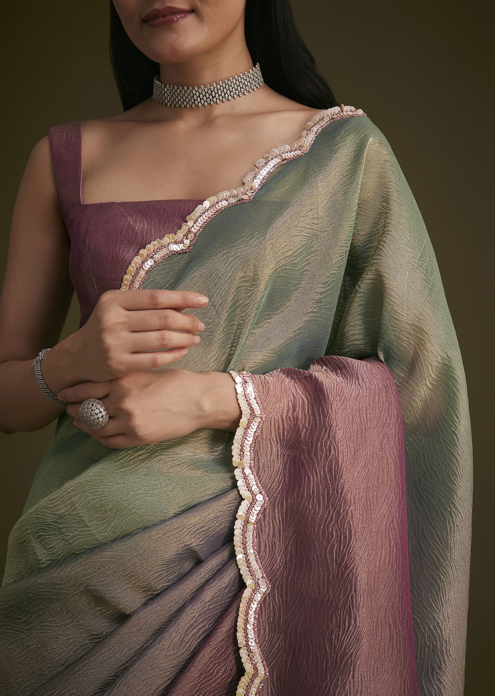 Purple Ombre Tissue Saree With Scallop Border - Image 3