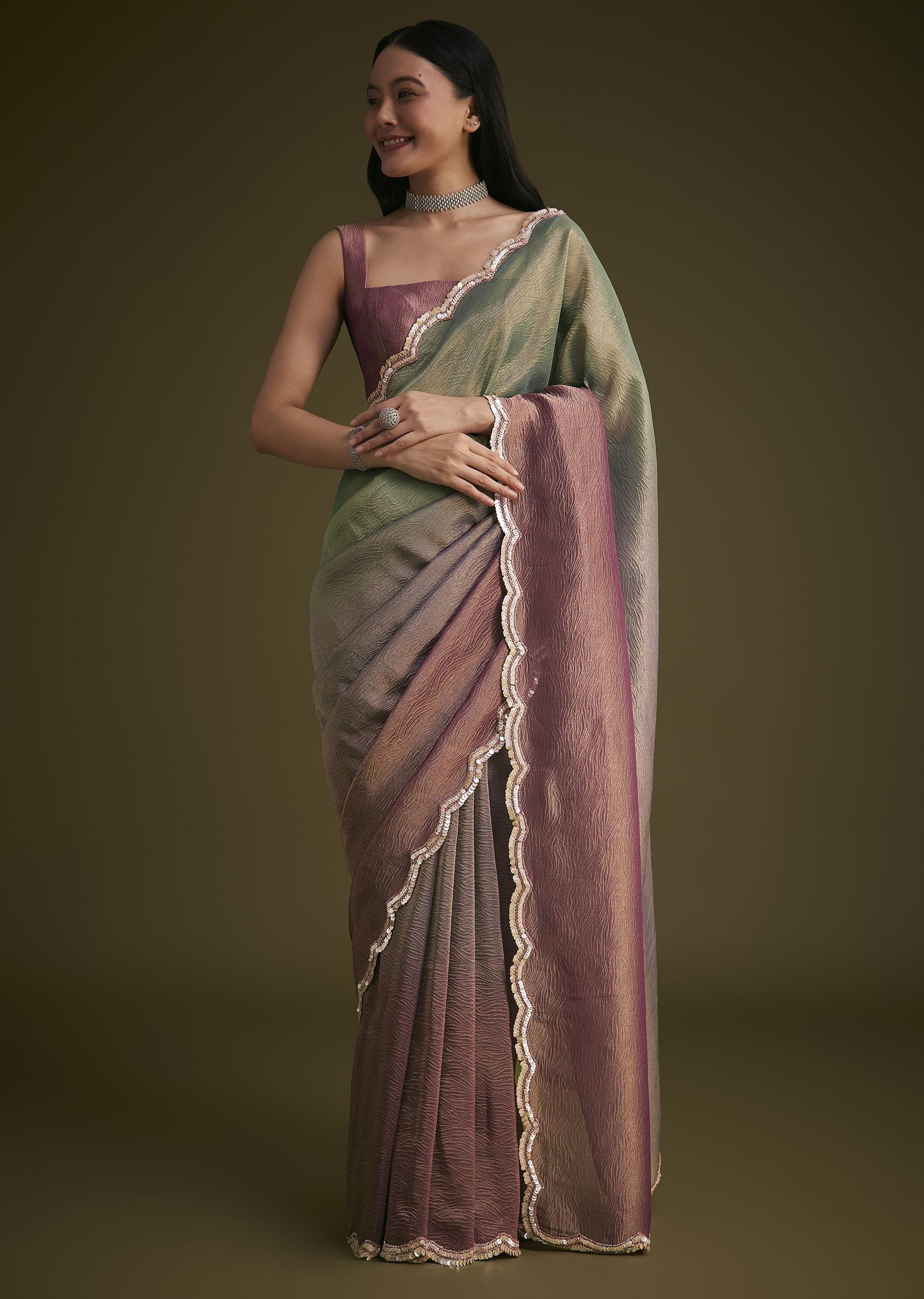 Purple Ombre Tissue Saree With Scallop Border - Image 5