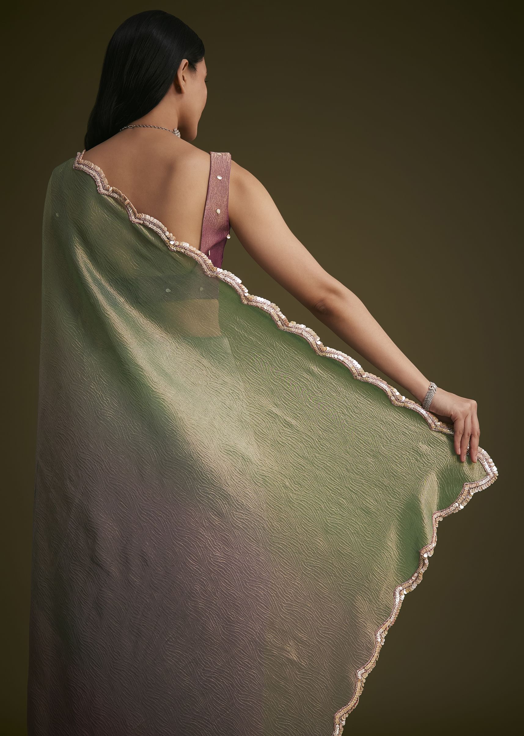 Purple Ombre Tissue Saree With Scallop Border - Image 6