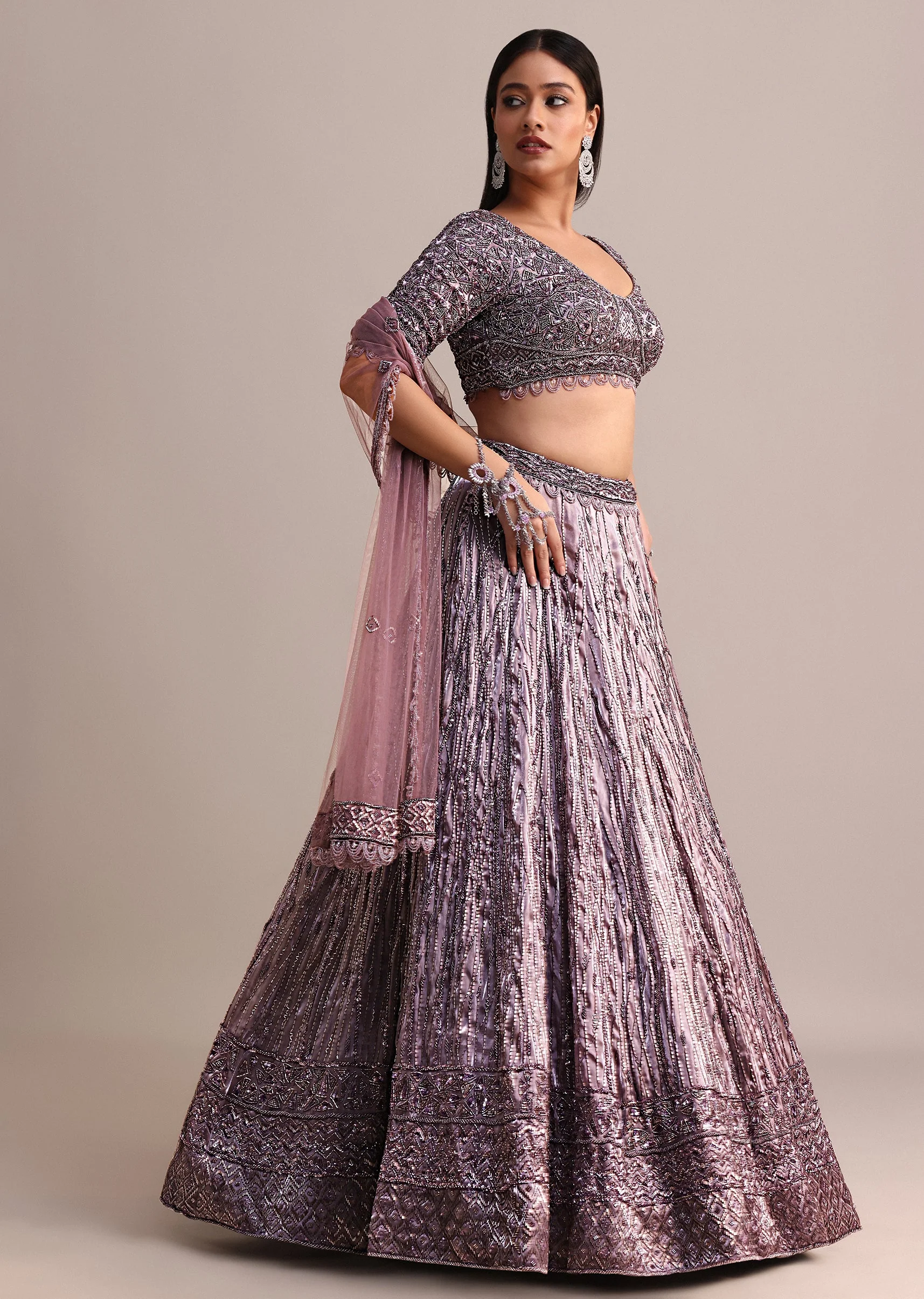 Purple Organza Bridal Lehenga With Embroidered Blouse And Net Dupatta - Image 3