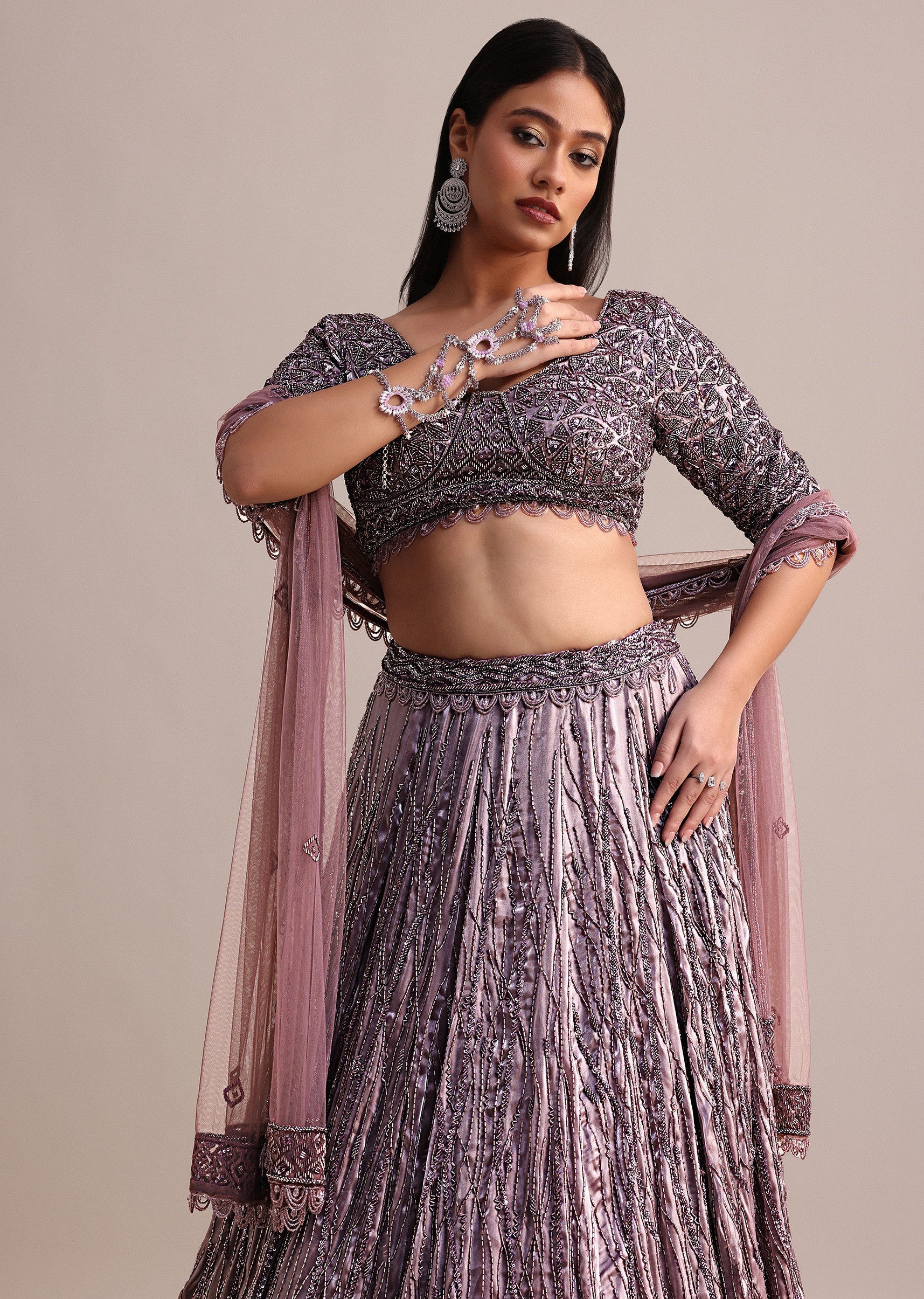 Purple Organza Bridal Lehenga With Embroidered Blouse And Net Dupatta - Image 4