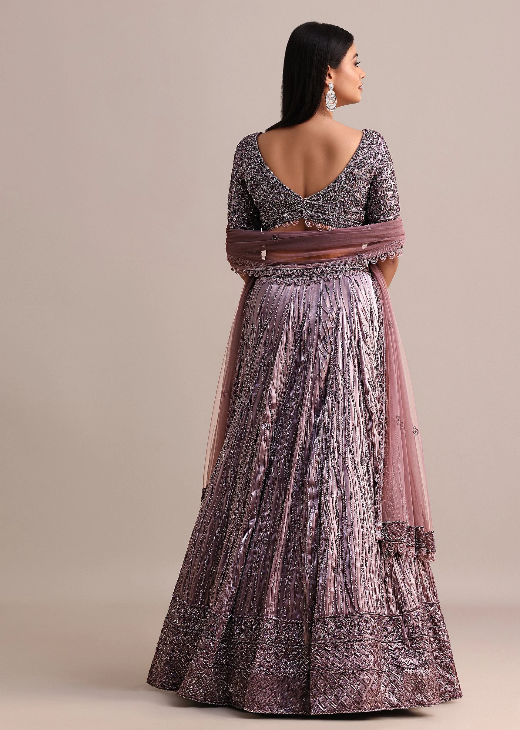 Purple Organza Bridal Lehenga With Embroidered Blouse And Net Dupatta - Image 6