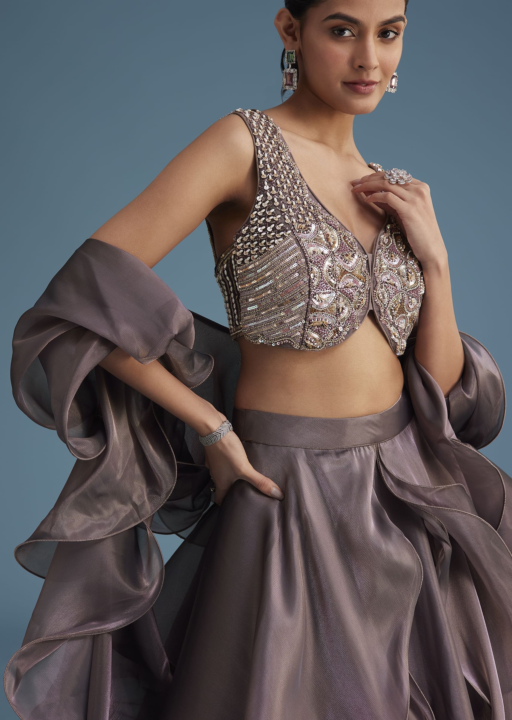 Purple Organza Ruffle Lehenga Set With Embellished Blouse - Image 4