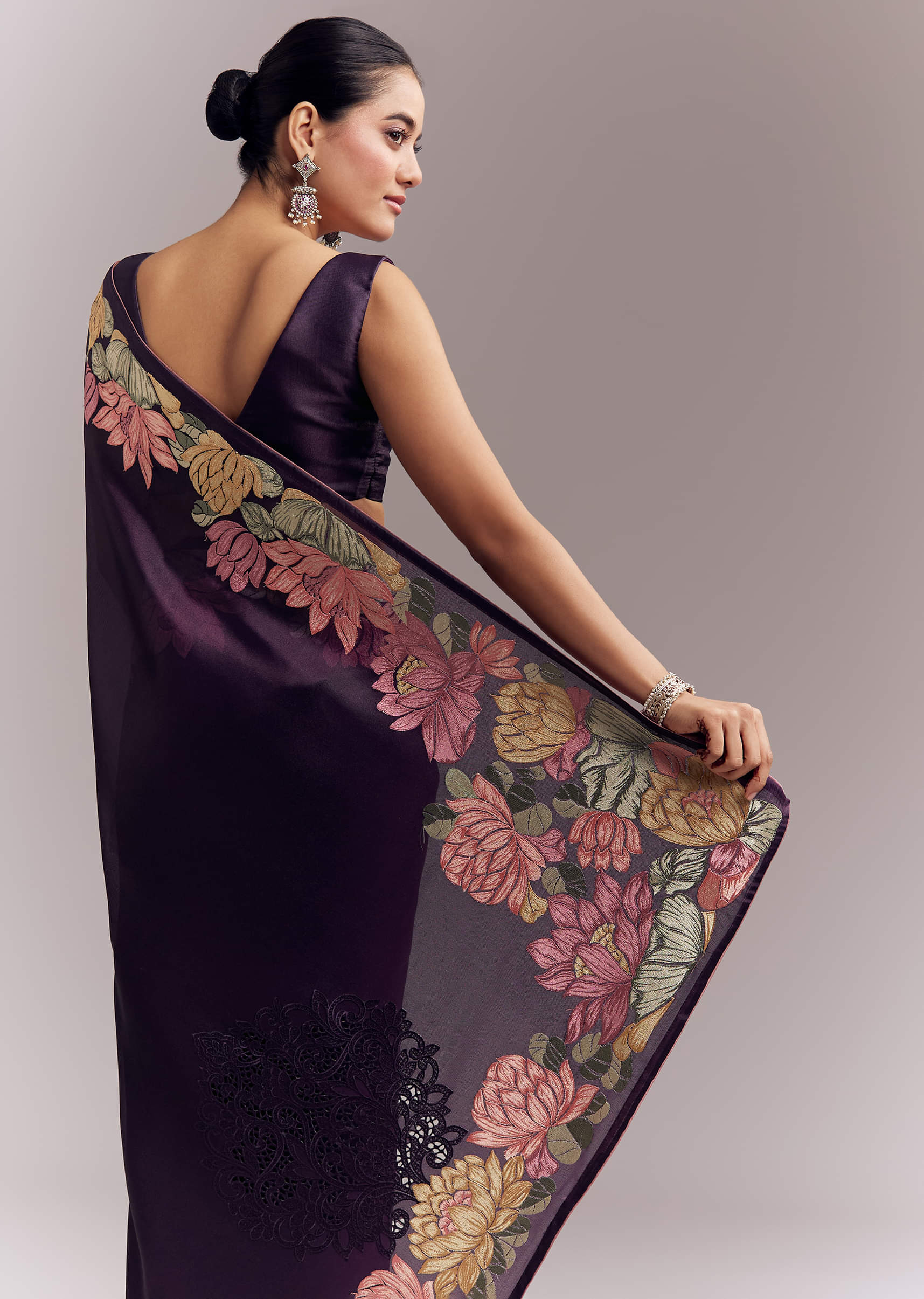Purple Organza Silk Saree With Floral Resham Embroidery And Cutwork - Image 6