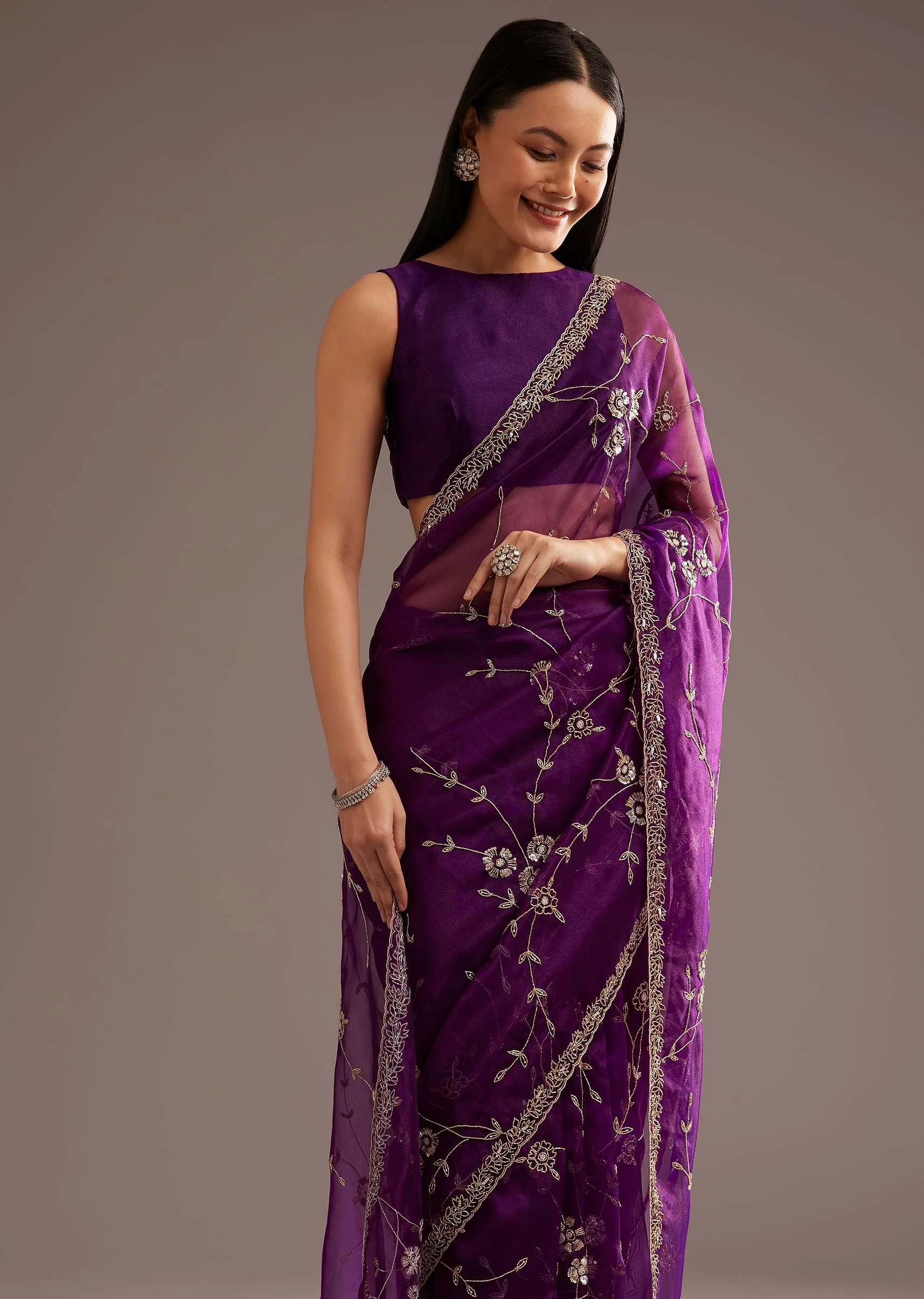 Purple Organza Tissue Ready To Wear Saree With Sequins And Cutdana Jaal - Image 5