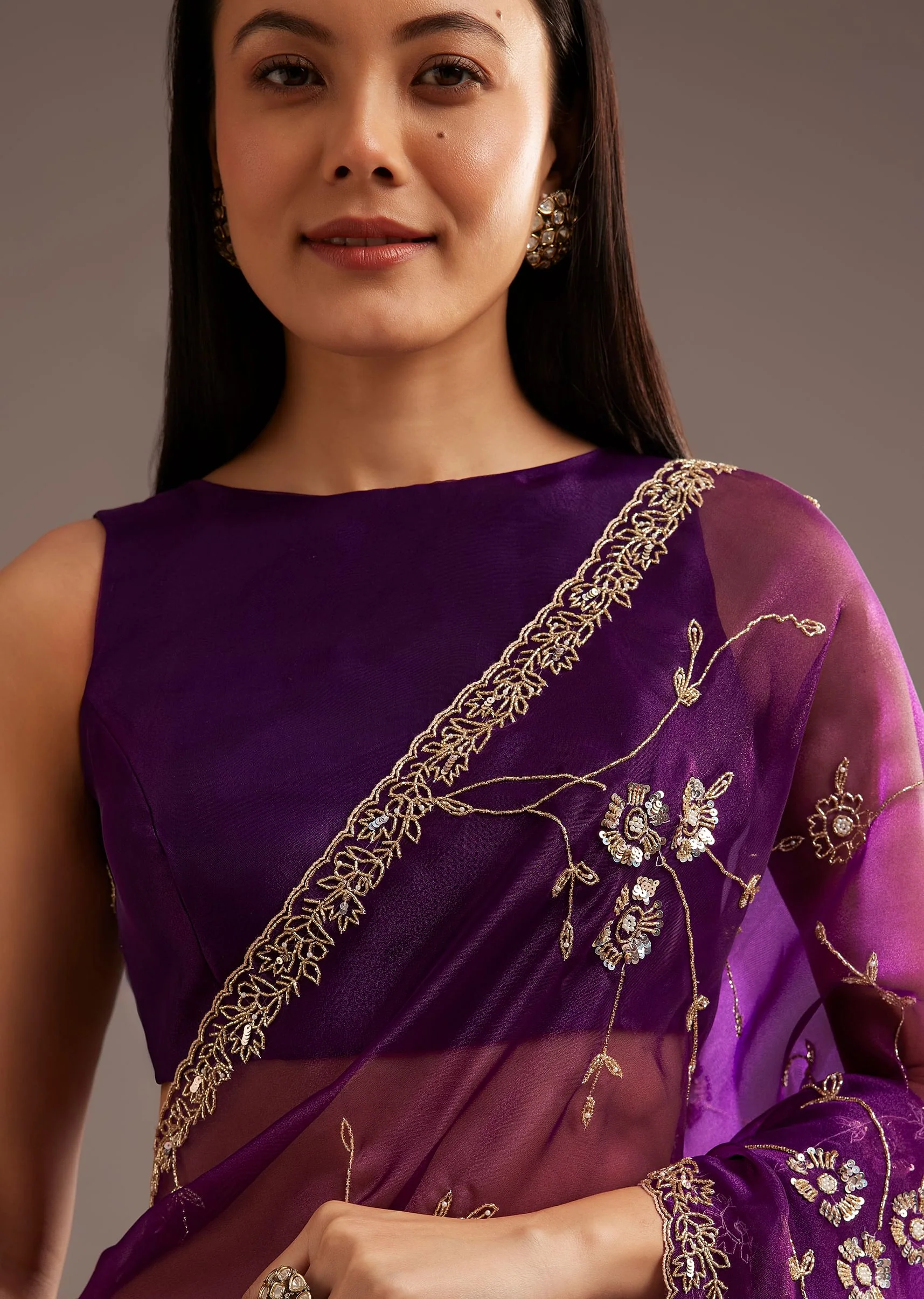 Purple Organza Tissue Saree With Sequins And Cutdana Jaal - Image 2
