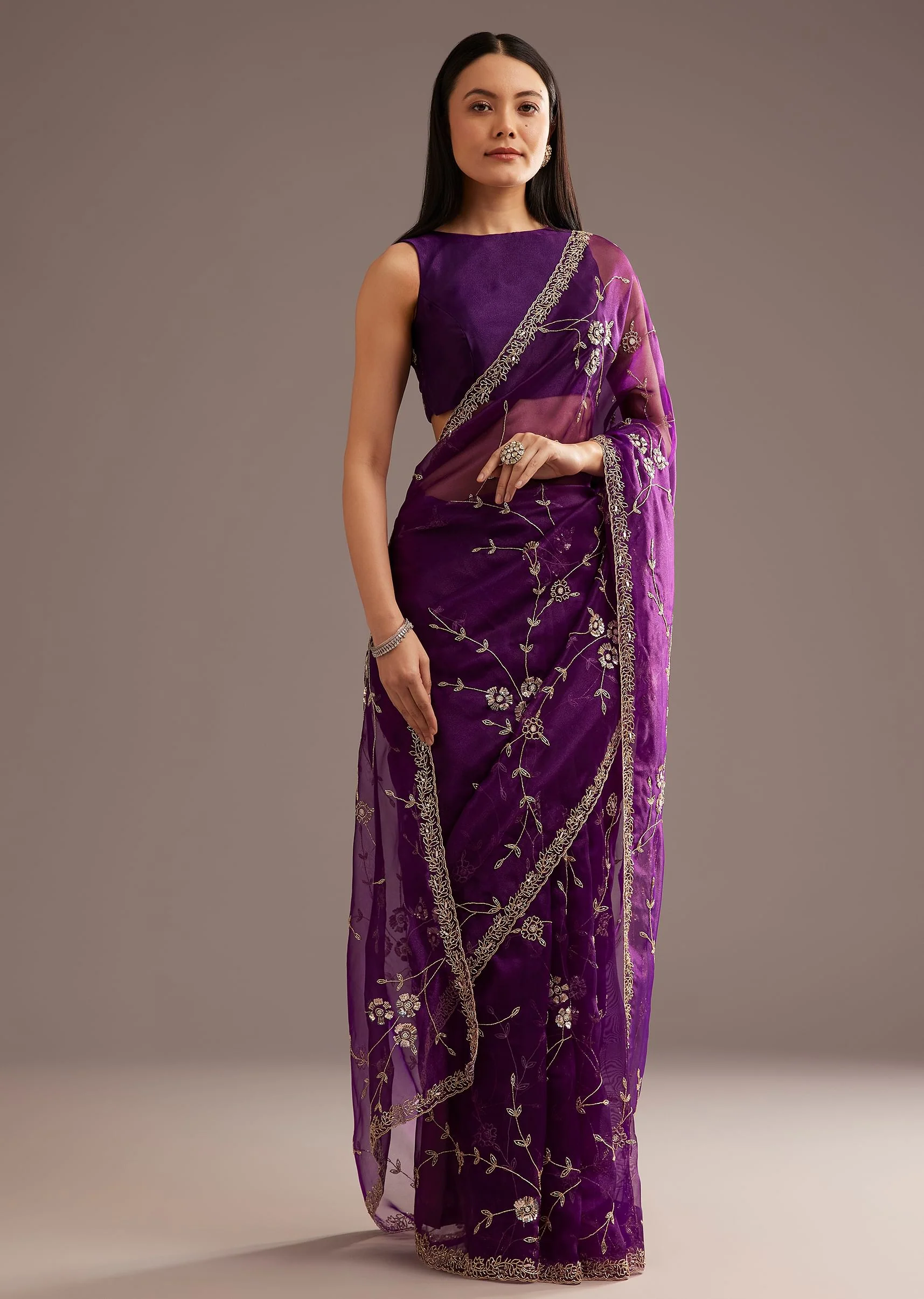 Purple Organza Tissue Saree With Sequins And Cutdana Jaal - Image 3