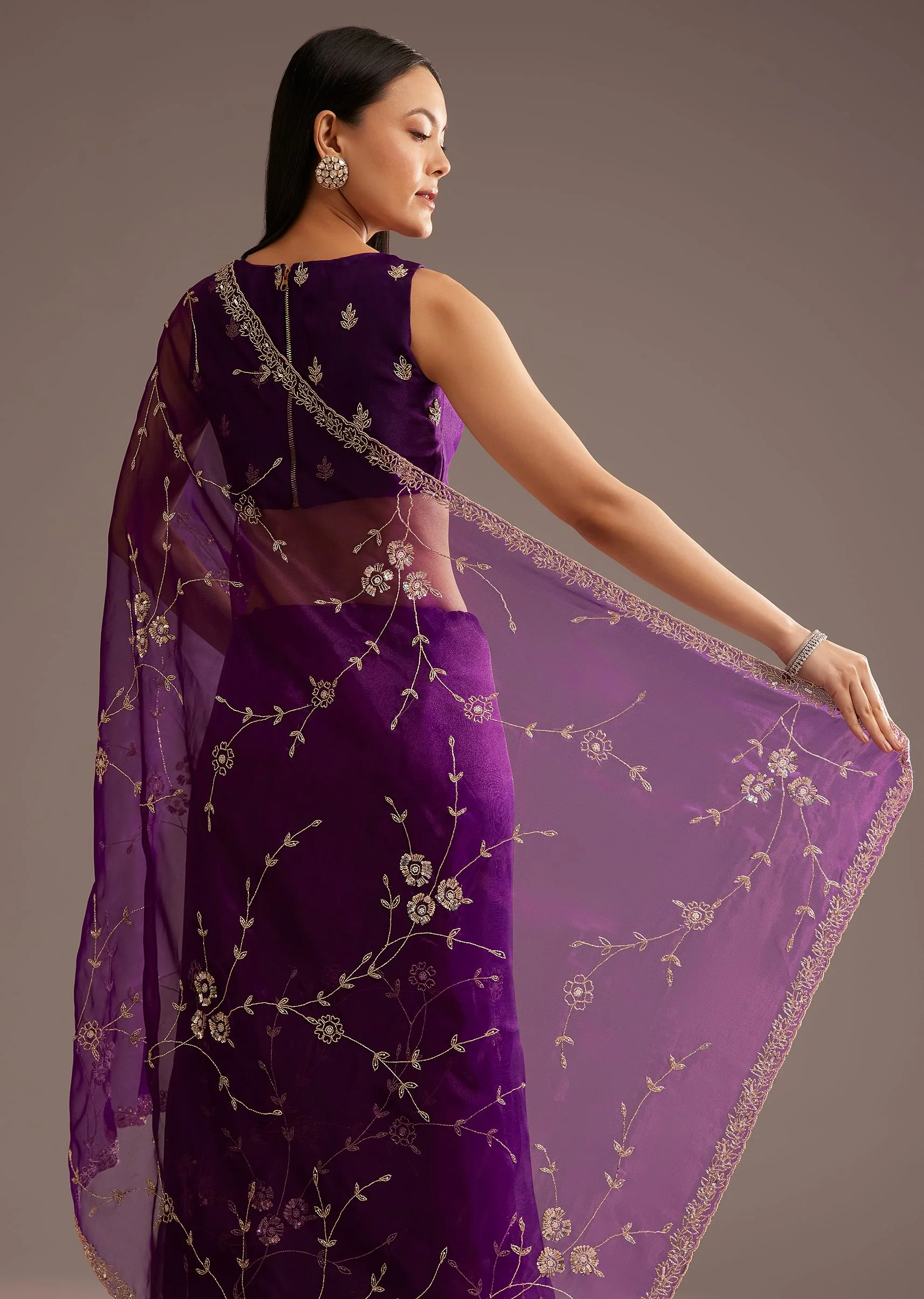 Purple Organza Tissue Saree With Sequins And Cutdana Jaal - Image 4