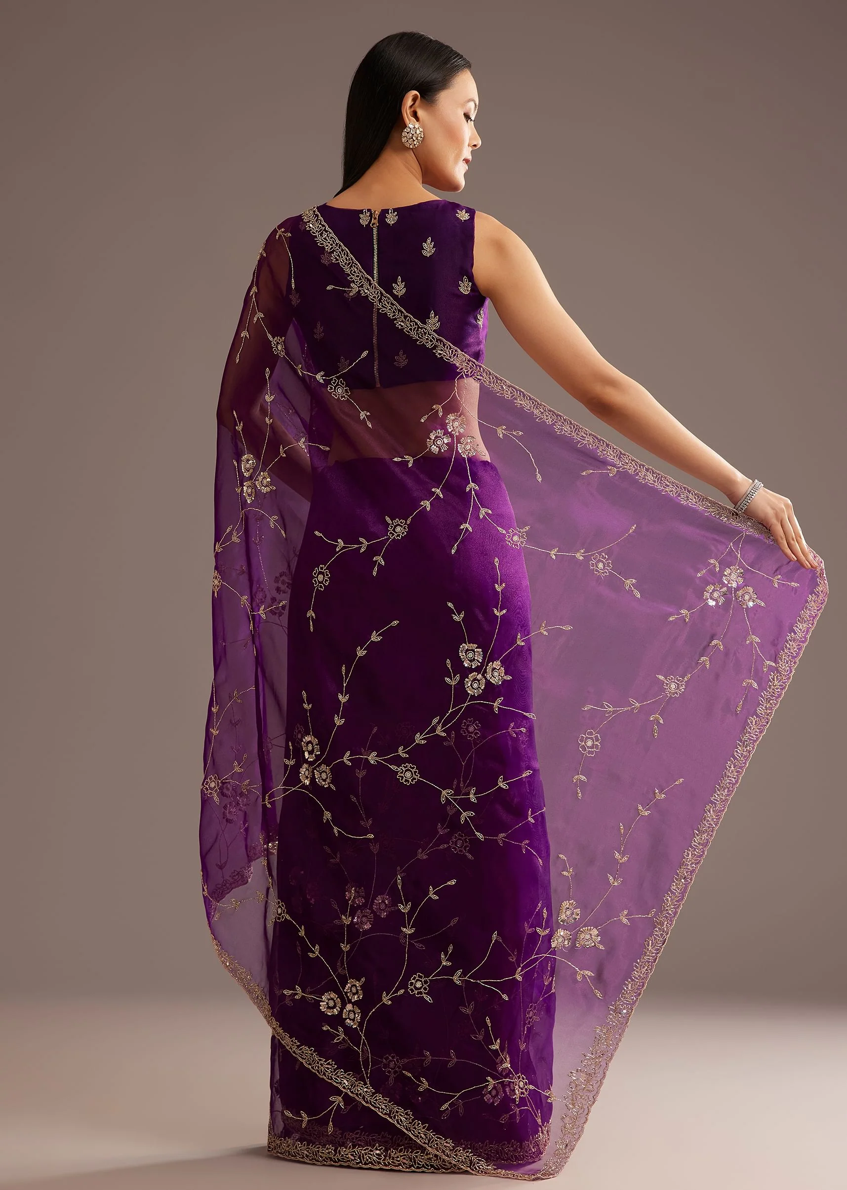Purple Organza Tissue Saree With Sequins And Cutdana Jaal - Image 6