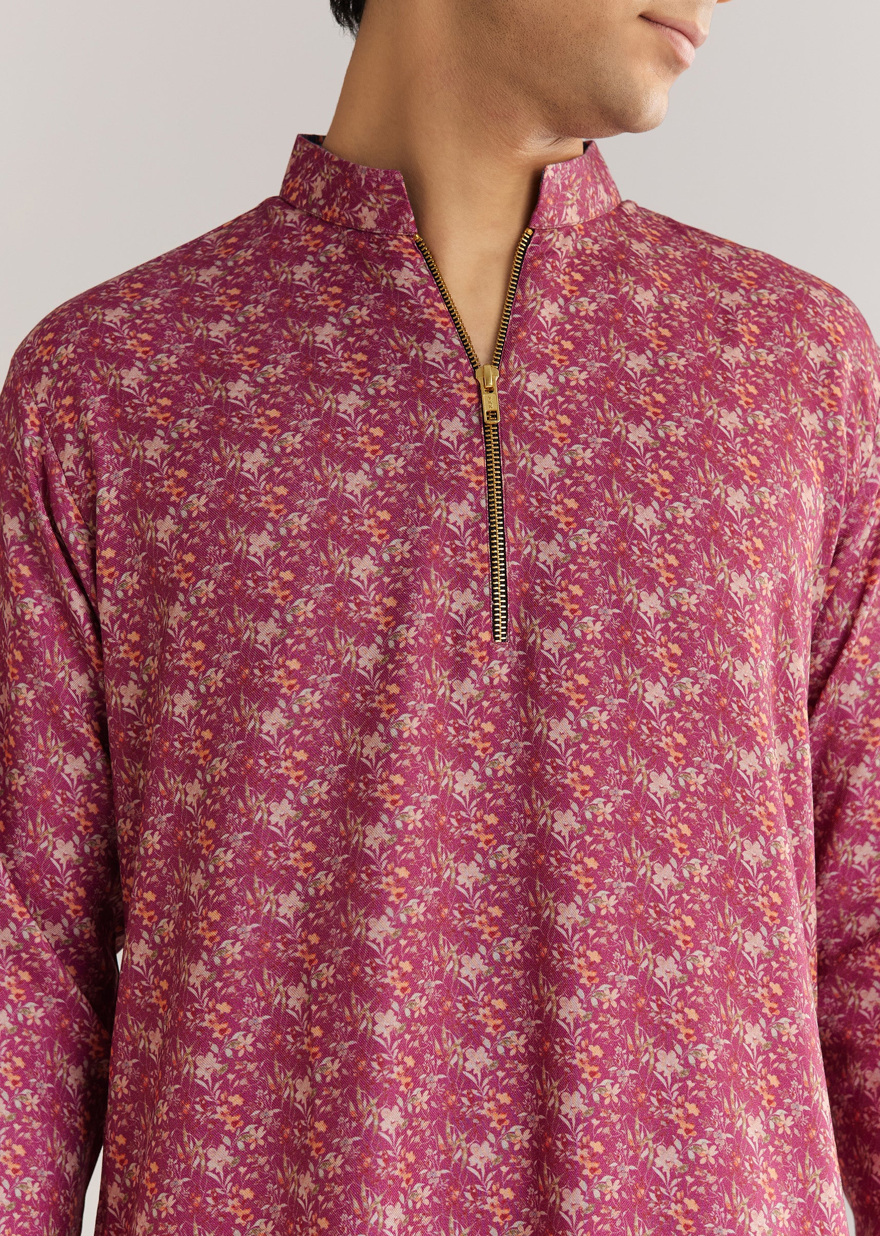 Purple Pashmina Zipper Kurta Pant Set - Image 3