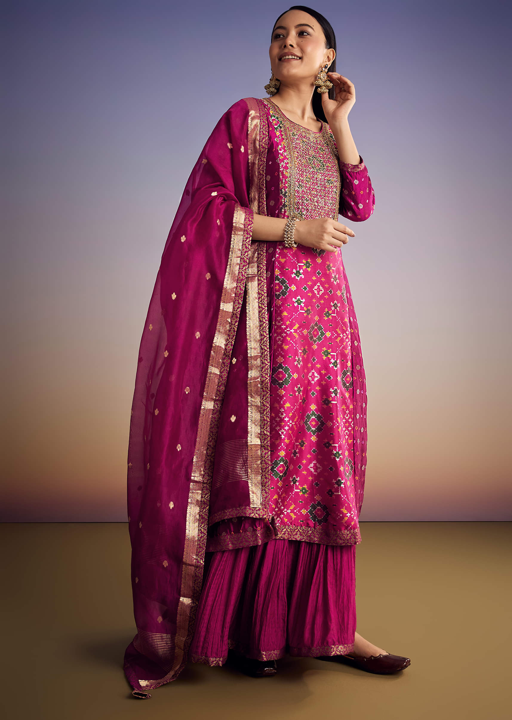 Purple Patola And Bandhani Print Kurta Set With Banarasi Dupatta