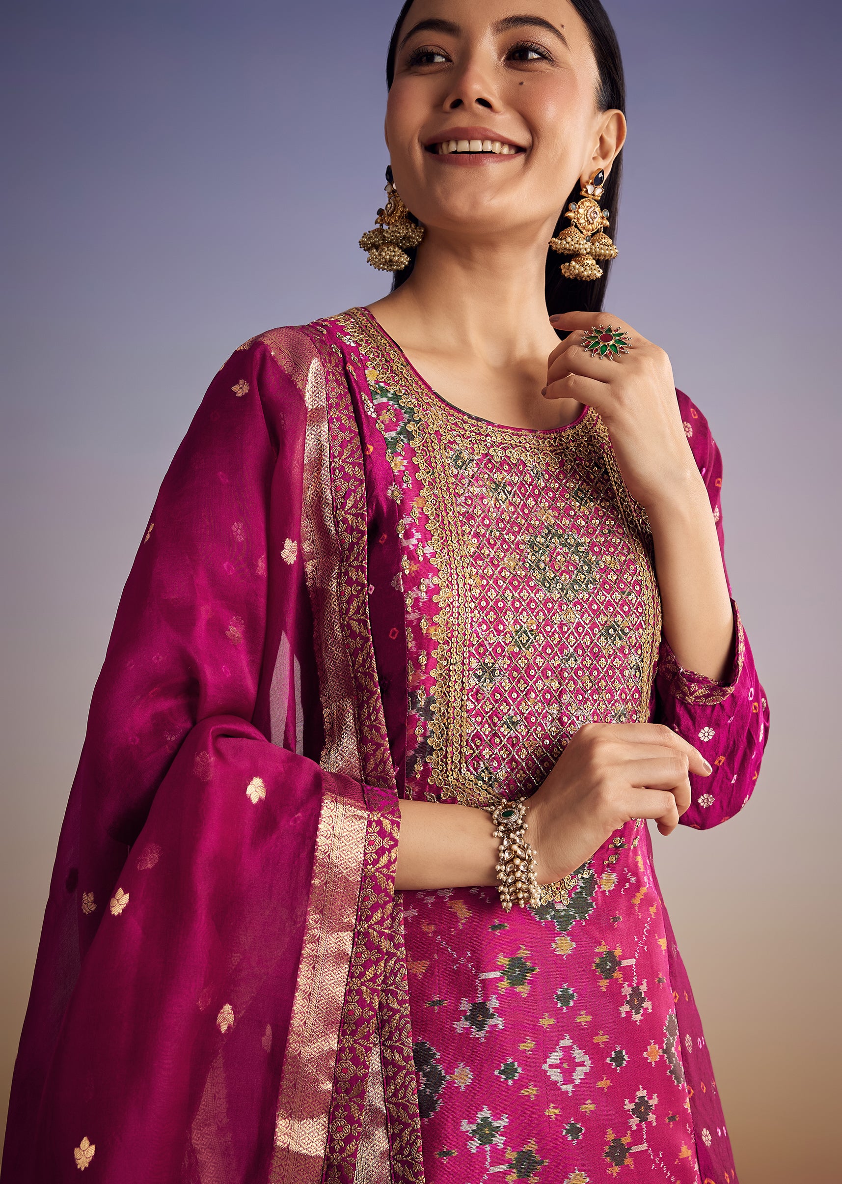 Purple Patola And Bandhani Print Kurta Set With Banarasi Dupatta - Image 2