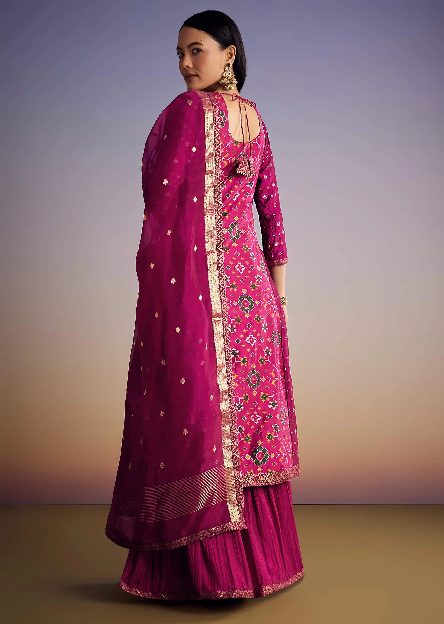 Purple Patola And Bandhani Print Kurta Set With Banarasi Dupatta - Image 5