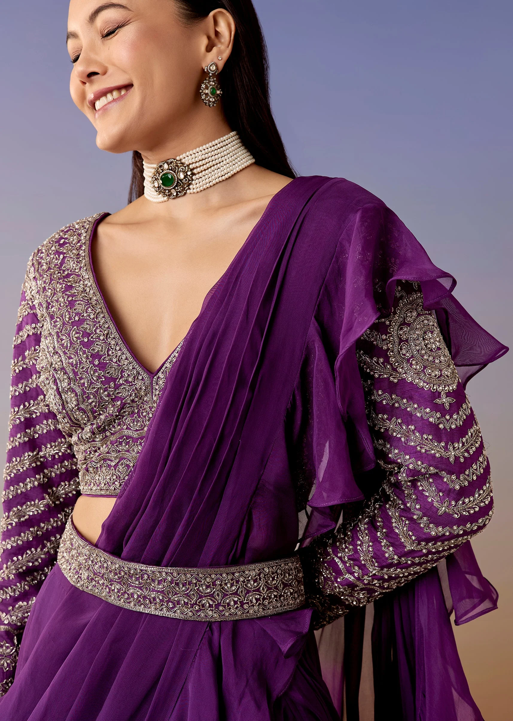 Purple Pre Draped Saree Set With Belt - Image 2
