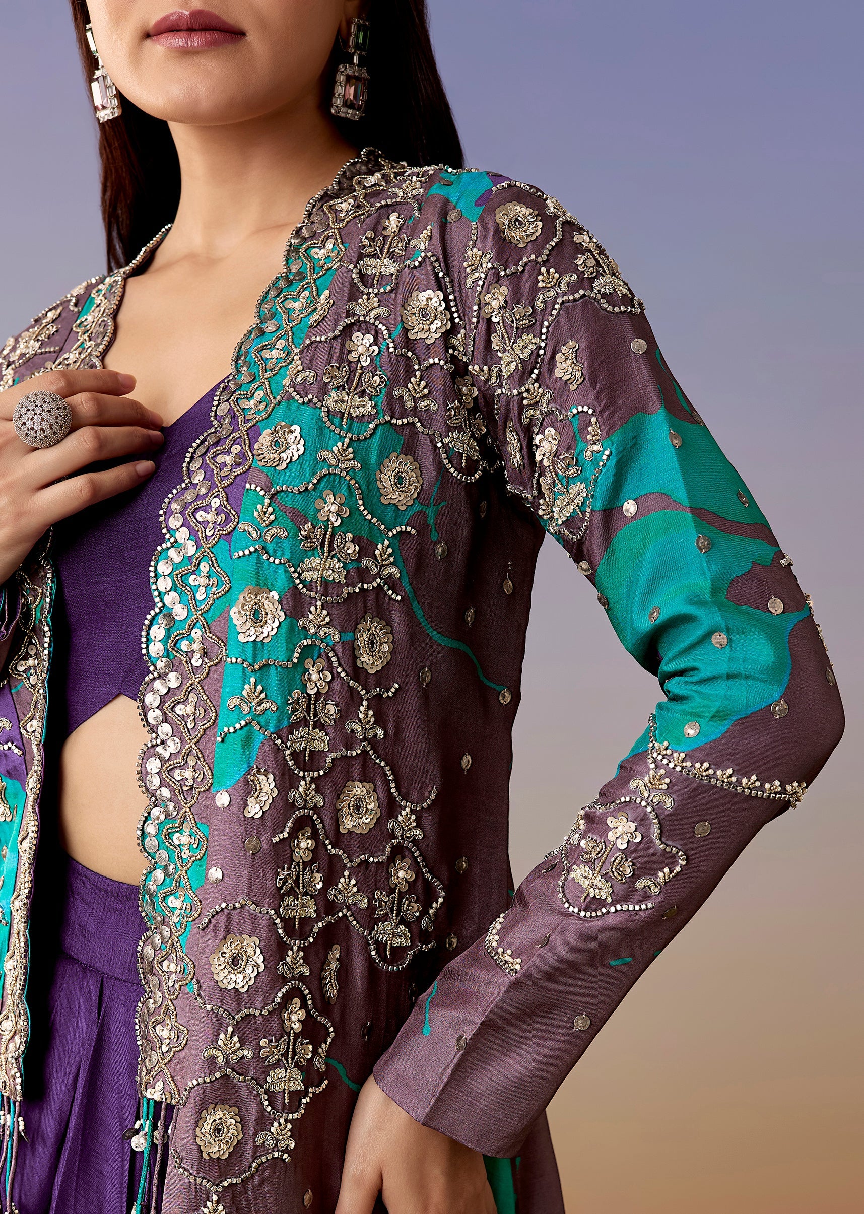 Purple Printed Cape Jacket Skirt Set - Image 2