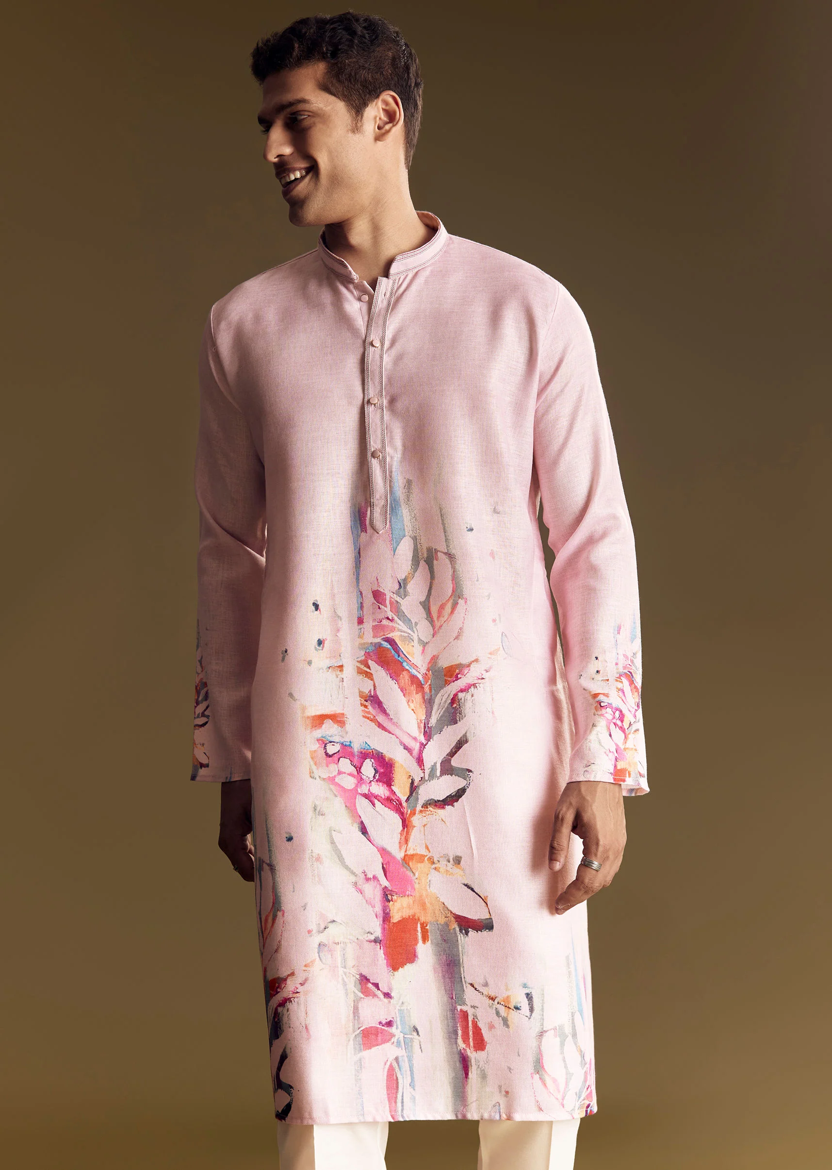 Purple Printed Linen Kurta Set With Mandarin Collar - Image 4