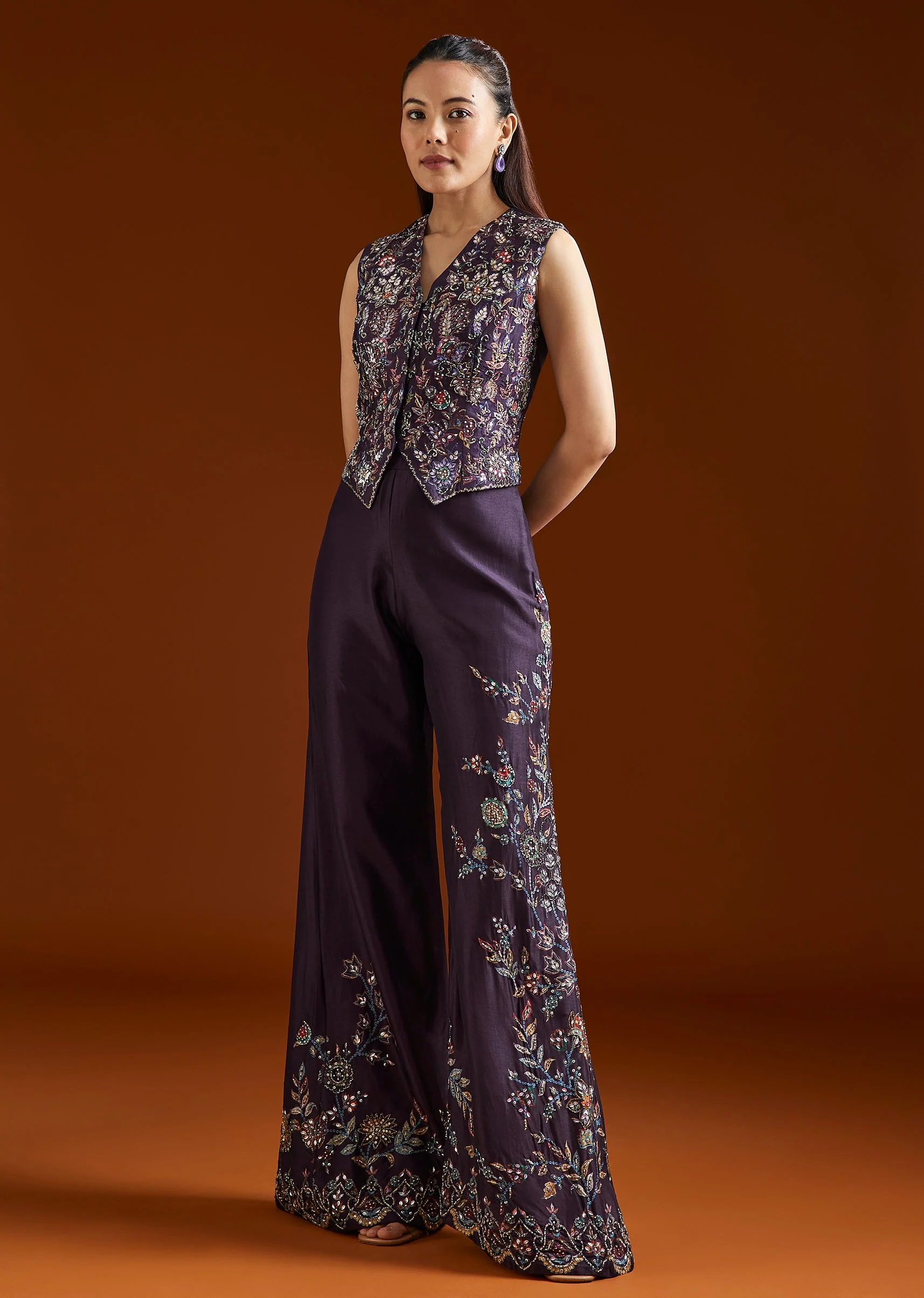 Purple Printed Silk Blend Crop Top Palazzo Set - Image 3