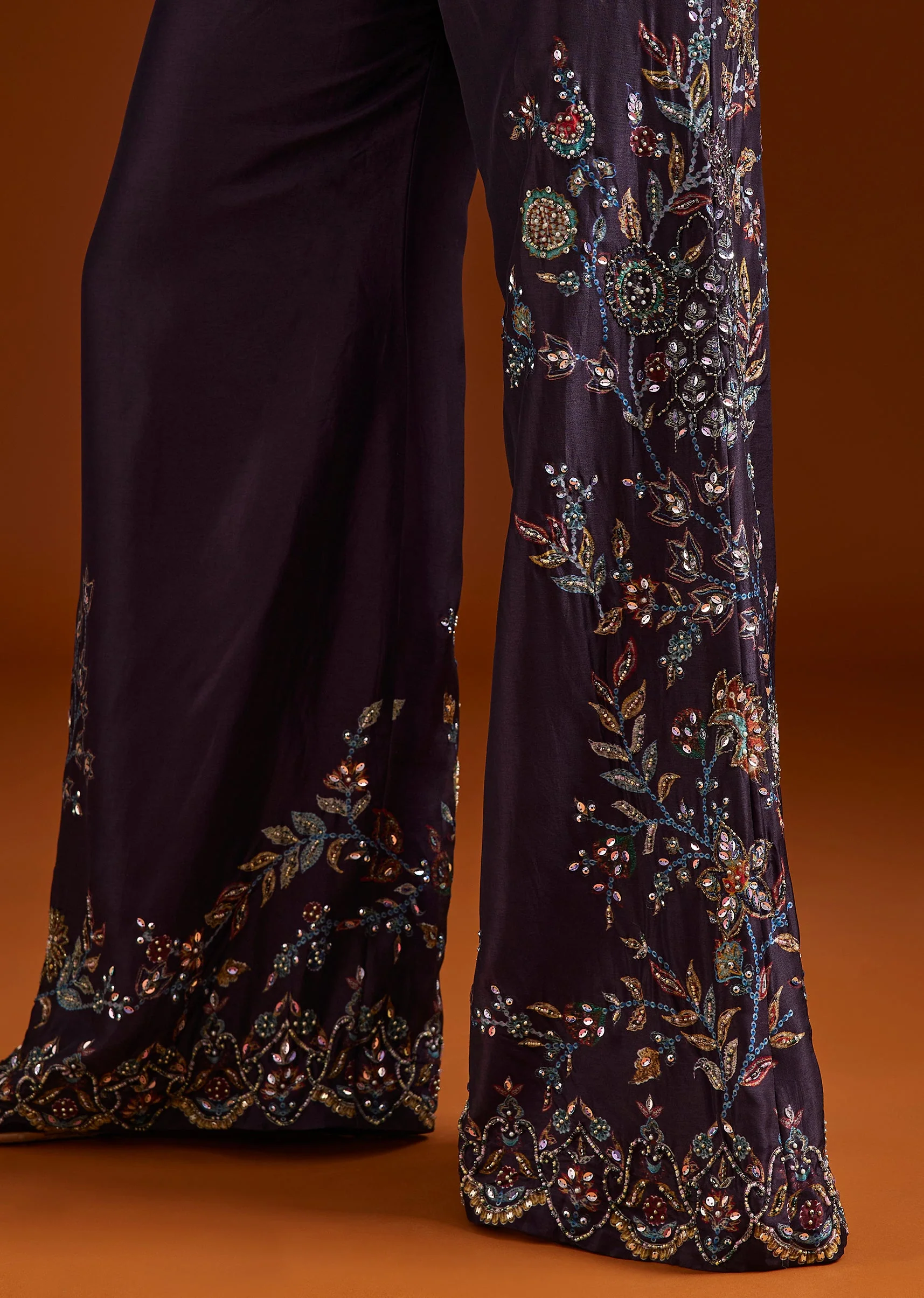 Purple Printed Silk Blend Crop Top Palazzo Set - Image 4