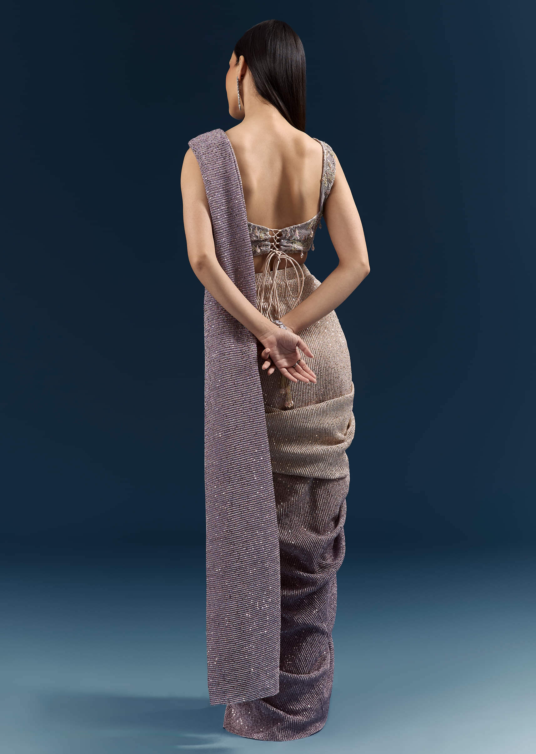Purple Ready Pleated Saree With Sequins And Stone Work - Image 6