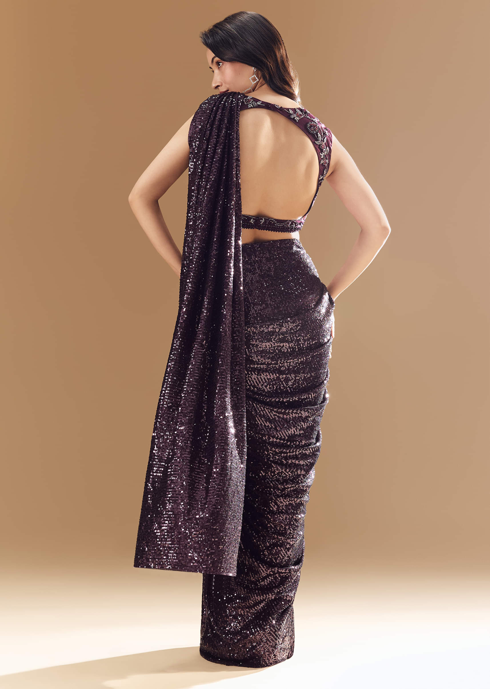 Purple Ready Pleated Shimmer Net Saree with Blouse - Image 2