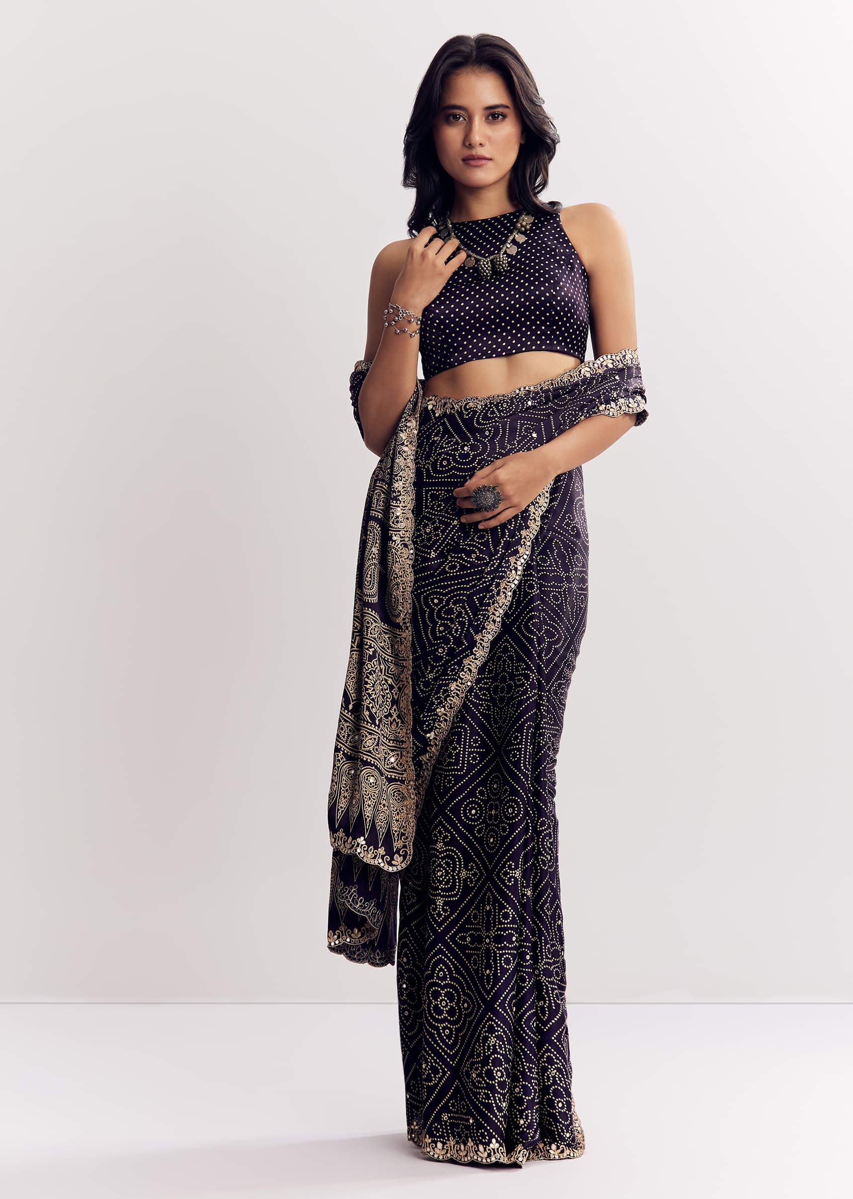Purple Satin Ajrakh Printed Saree With Gota And Mirror Embroidery