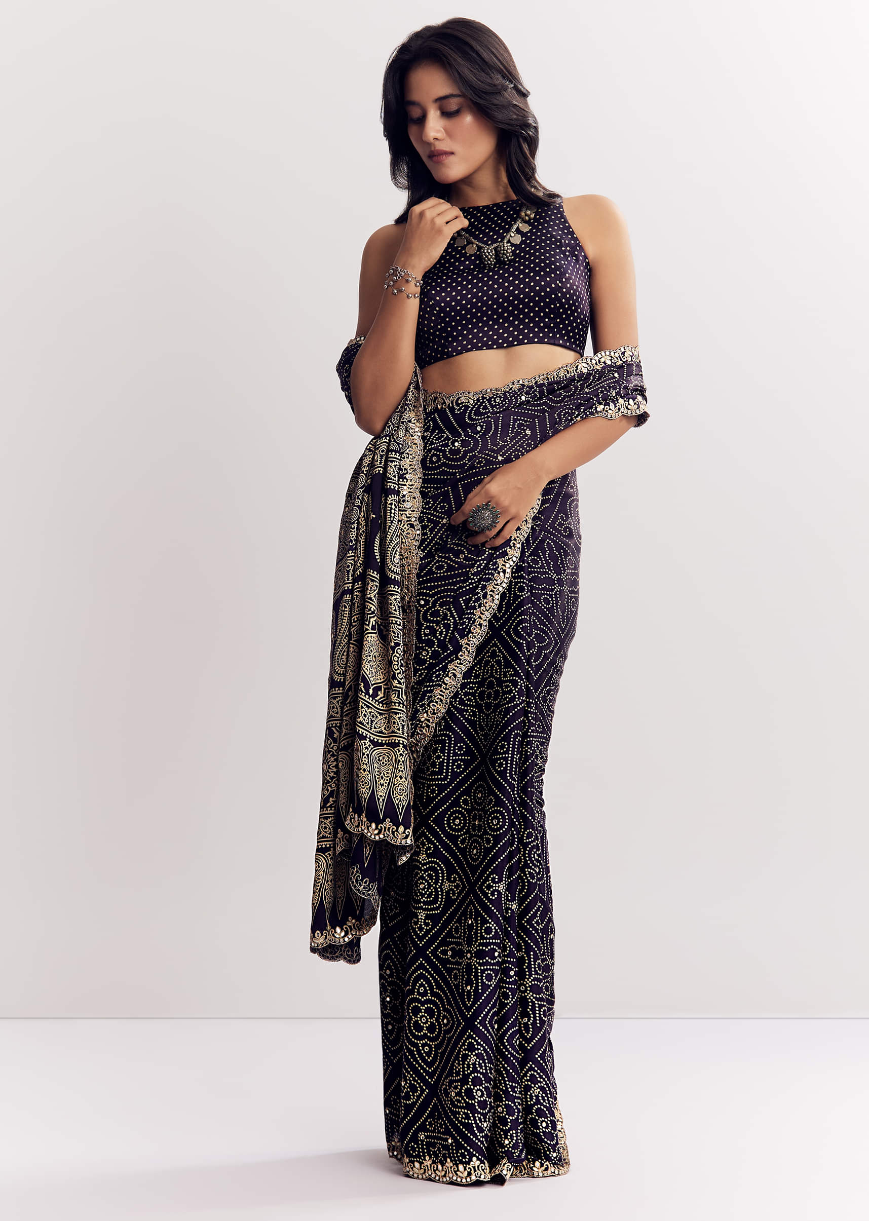 Purple Satin Ajrakh Printed Saree With Gota And Mirror Embroidery - Image 3