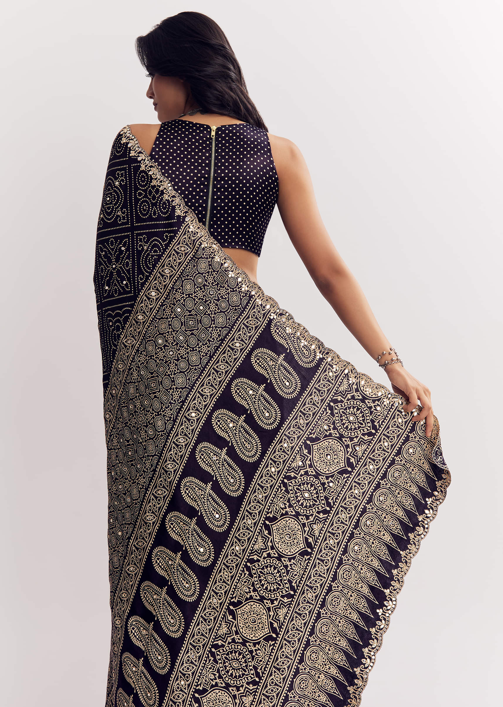 Purple Satin Ajrakh Printed Saree With Gota And Mirror Embroidery - Image 6