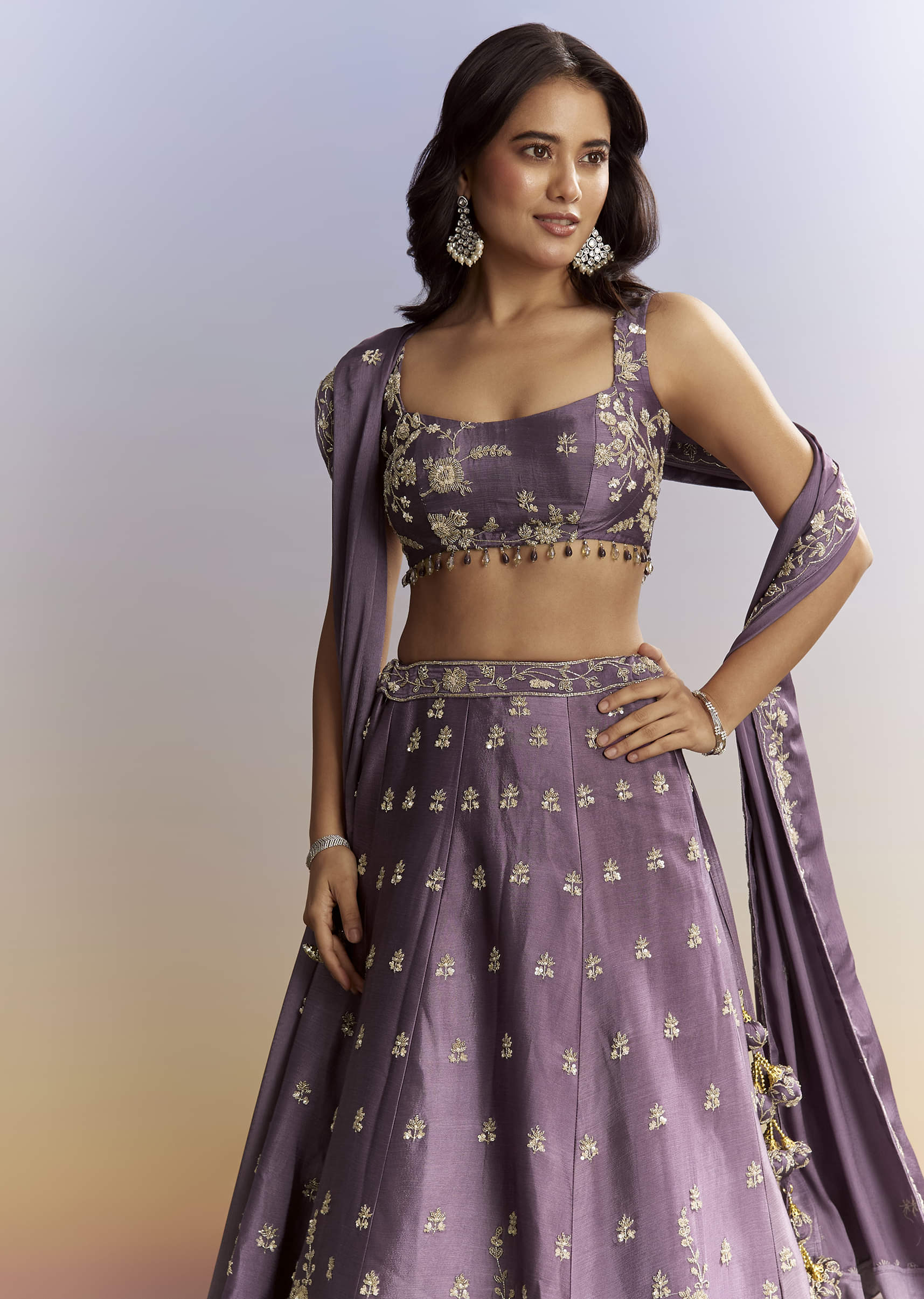 Purple Satin Bridesmaid Lehenga With Heavy Embroidery - Image 4