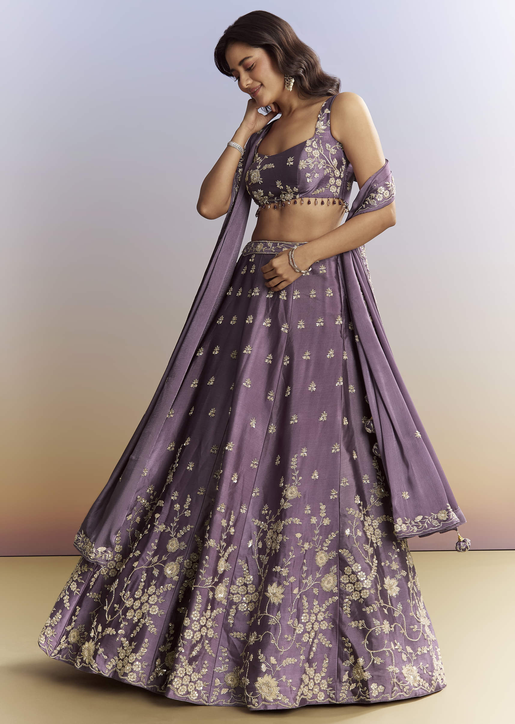 Purple Satin Bridesmaid Lehenga With Heavy Embroidery - Image 5