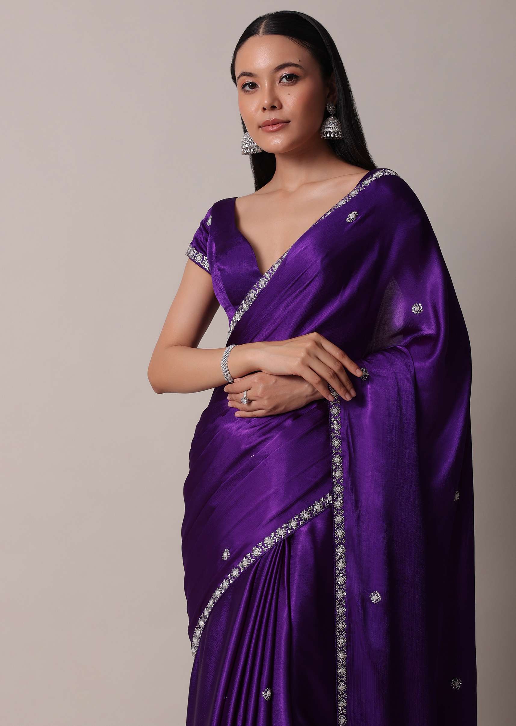 Purple Satin Chinon Saree With Stone Embellishments And Unstitched Blouse Piece - Image 2