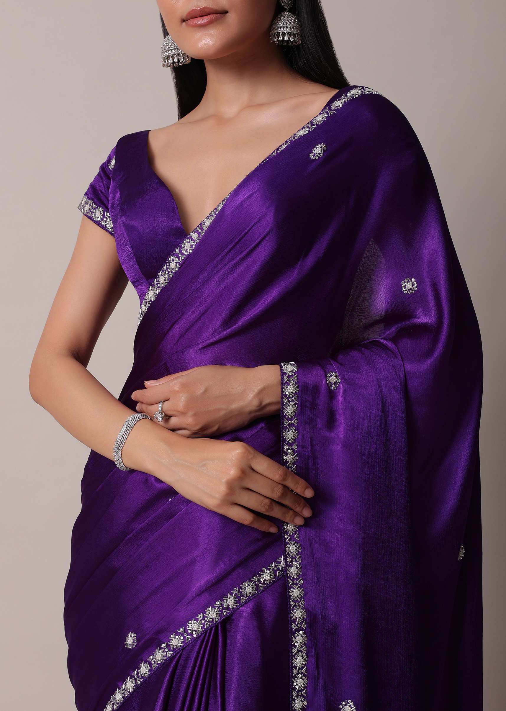 Purple Satin Chinon Saree With Stone Embellishments And Unstitched Blouse Piece - Image 3