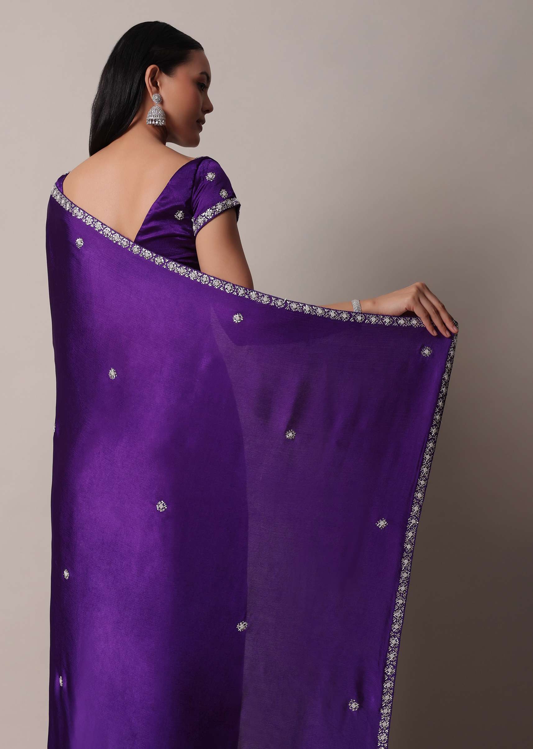 Purple Satin Chinon Saree With Stone Embellishments And Unstitched Blouse Piece - Image 4
