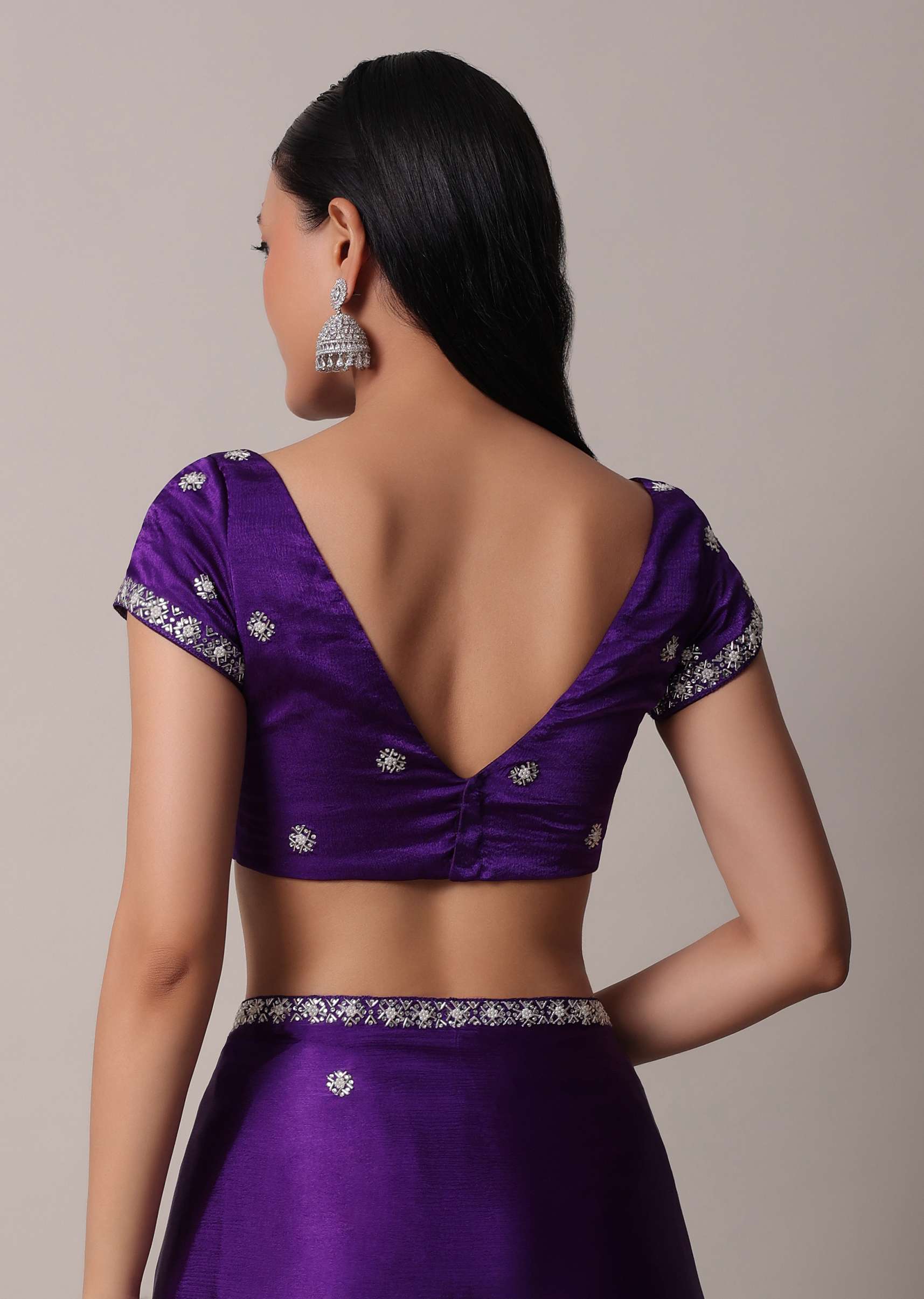 Purple Satin Chinon Saree With Stone Embellishments And Unstitched Blouse Piece - Image 8