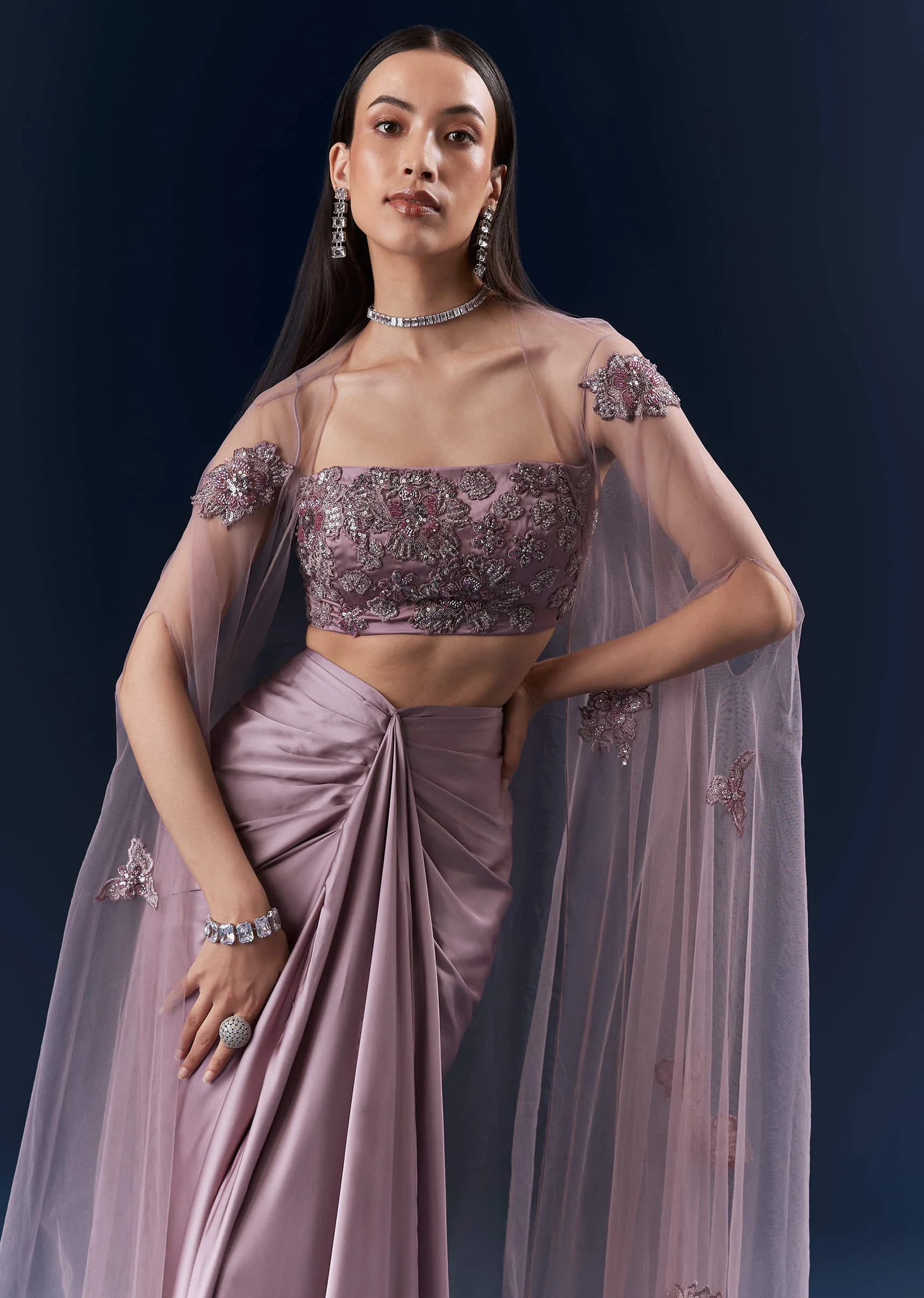 Purple Satin Crop Top And Drape Skirt Set With Lace Work - Image 3