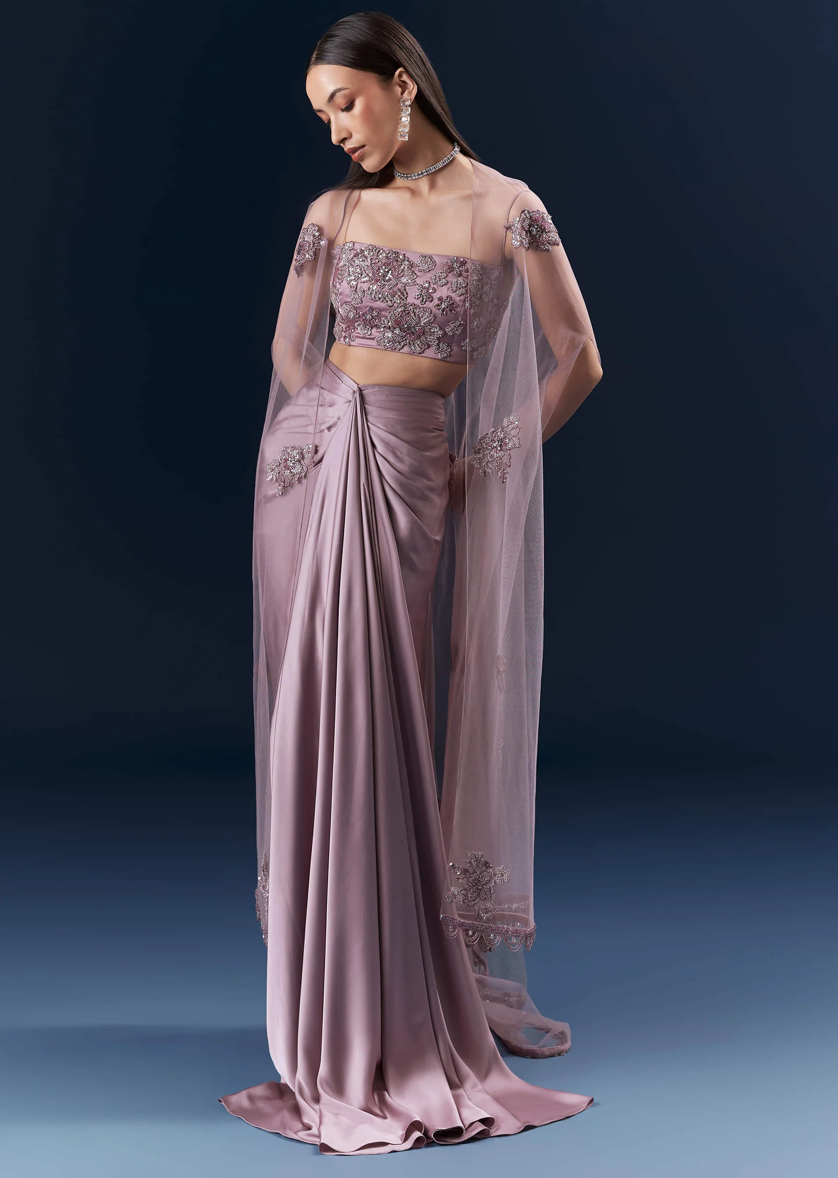 Purple Satin Crop Top And Drape Skirt Set With Lace Work - Image 4