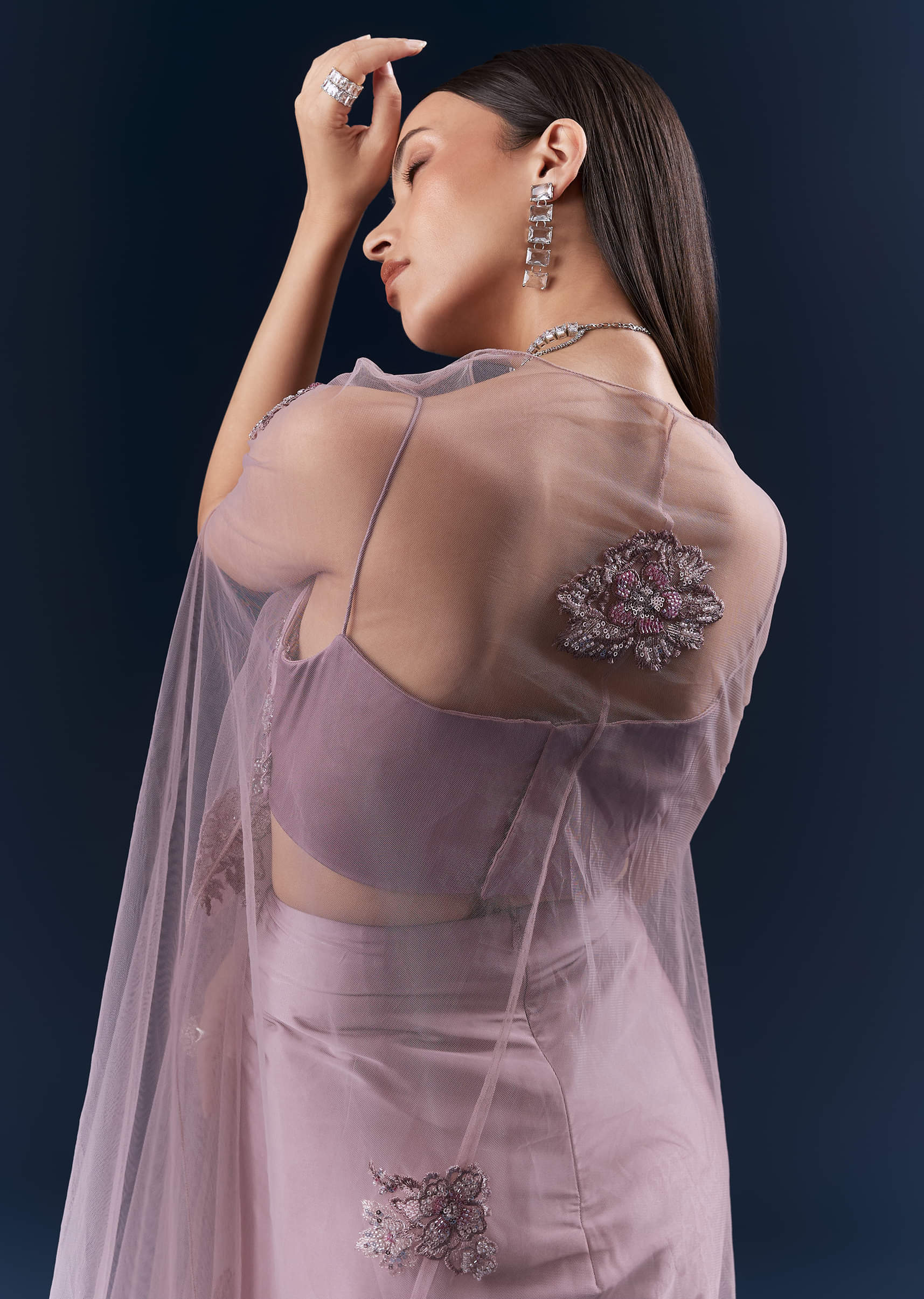 Purple Satin Crop Top And Drape Skirt Set With Lace Work - Image 6