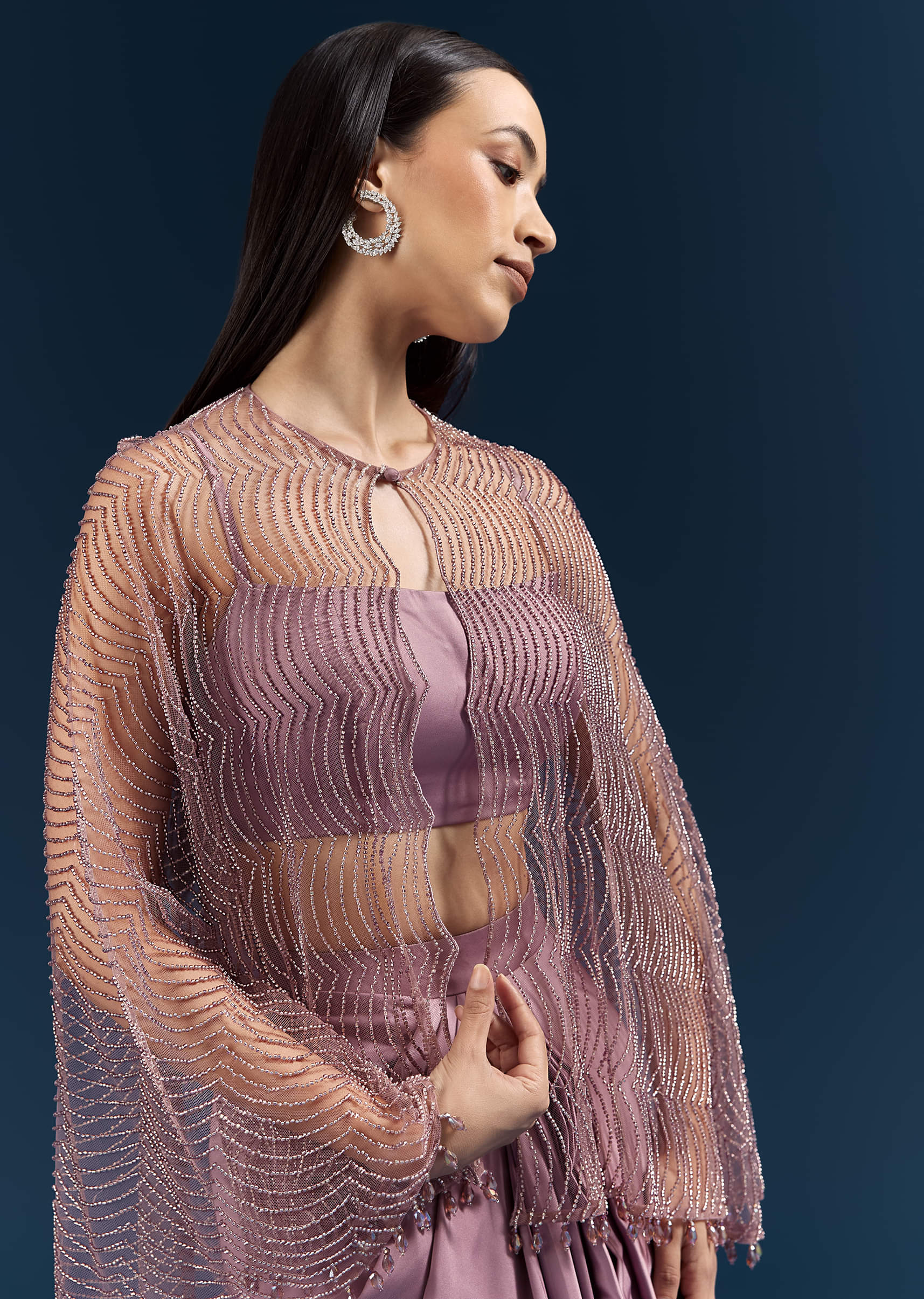 Purple Satin Crop Top And Drape Skirt With Embellishments - Image 2