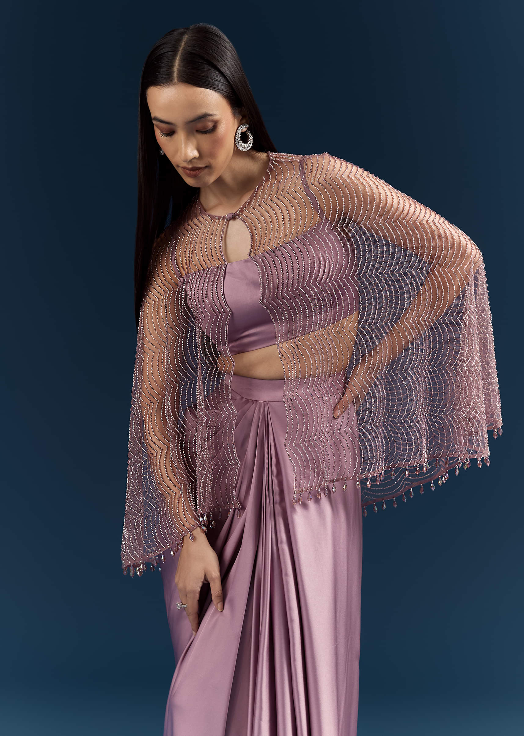 Purple Satin Crop Top And Drape Skirt With Embellishments - Image 3