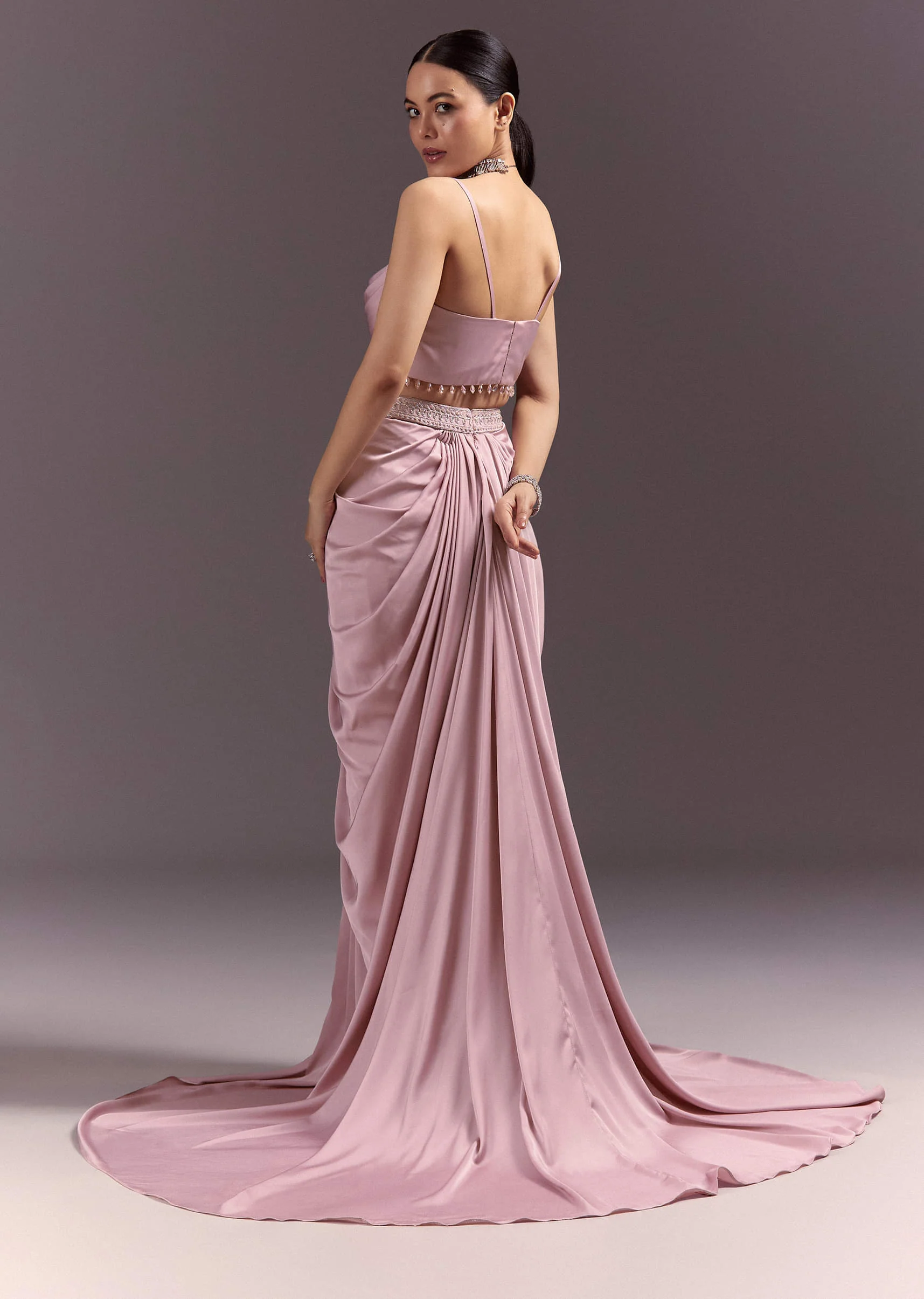 Purple Satin Indowestern Skirt With Fancy Net Blouse And Cape - Image 5