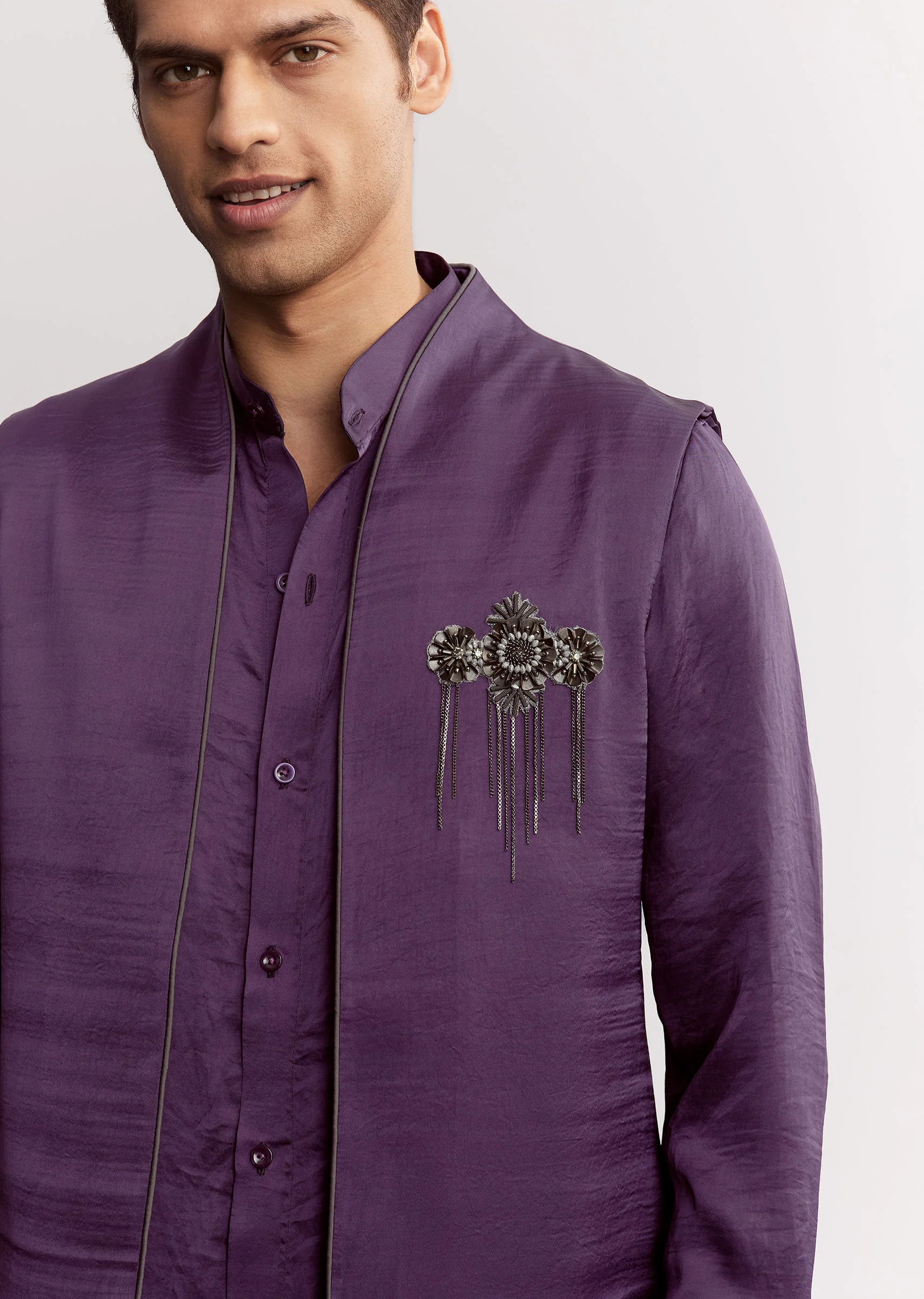Purple Satin Jacket Kurta Set With Metal Embellishment - Image 3