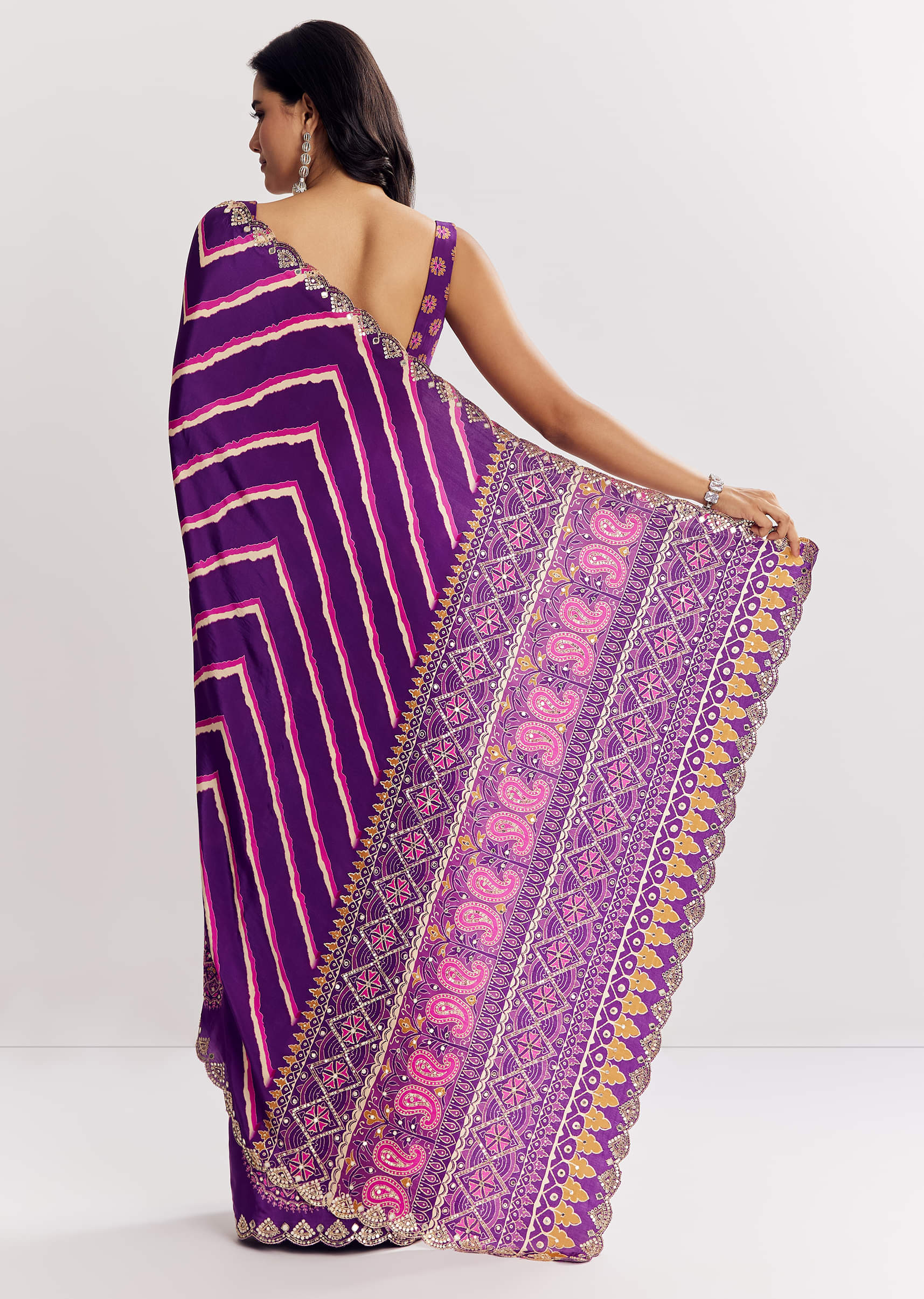 Purple Satin Saree With Gota And Mirror Embroidery - Image 5