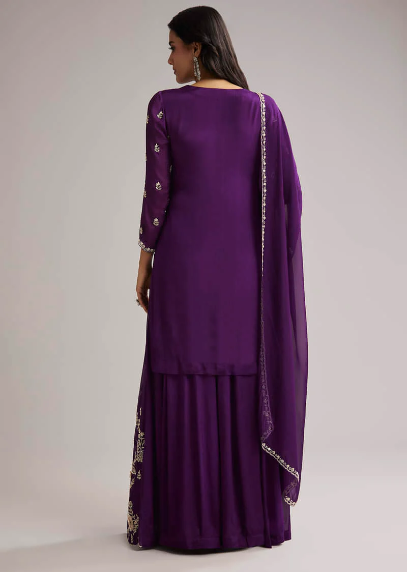 Purple Sequin Embroidered Palazzo Set With Dupatta - Image 6