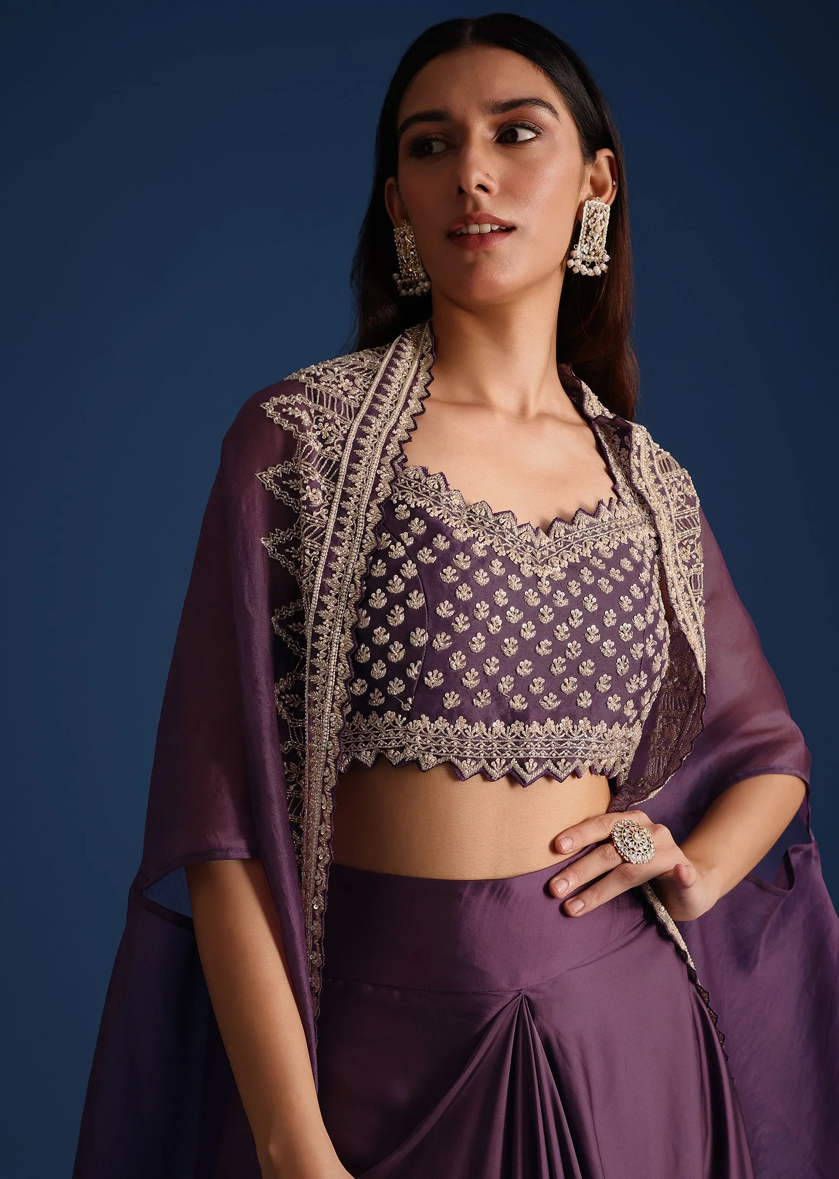 Purple Sequin Work Crop Top With Jacket And Draped Skirt - Image 2