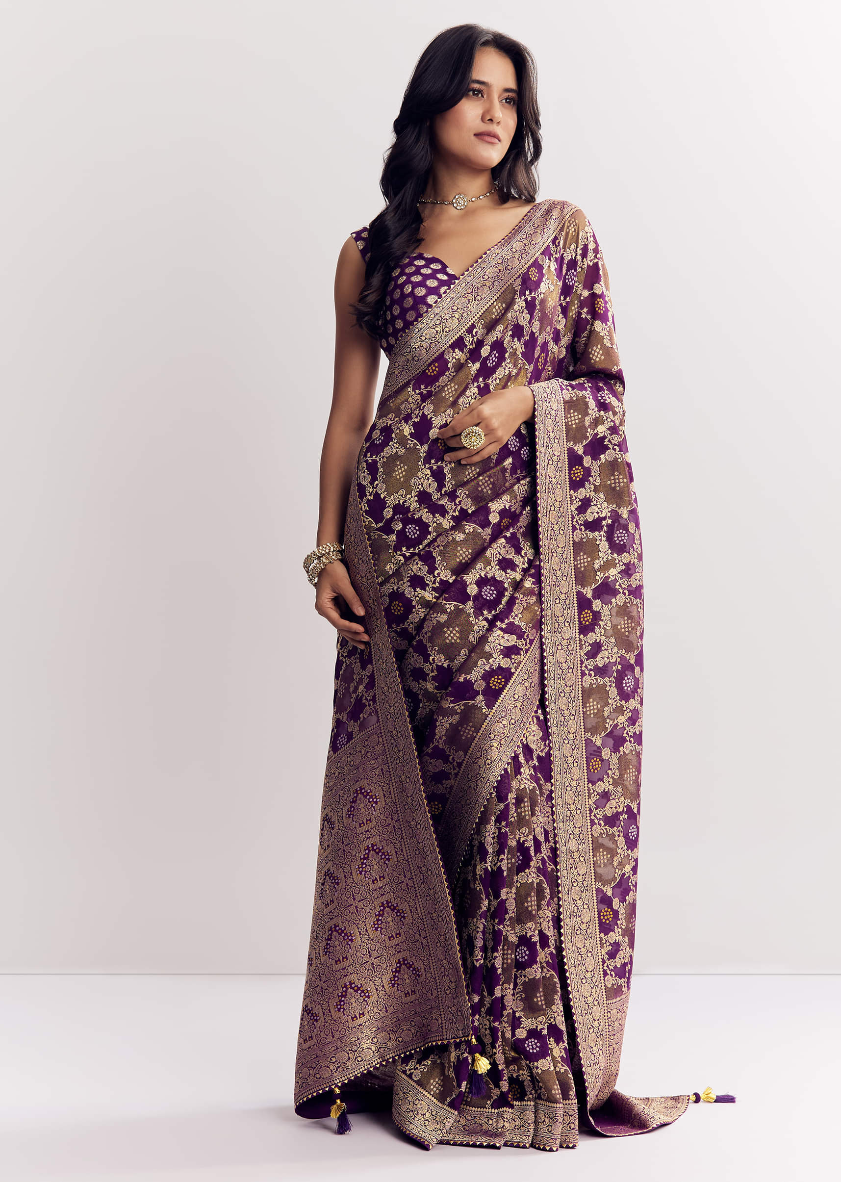 Purple Shaded Georgette Ready To Wear Saree With Zari Jaal Work - Image 3