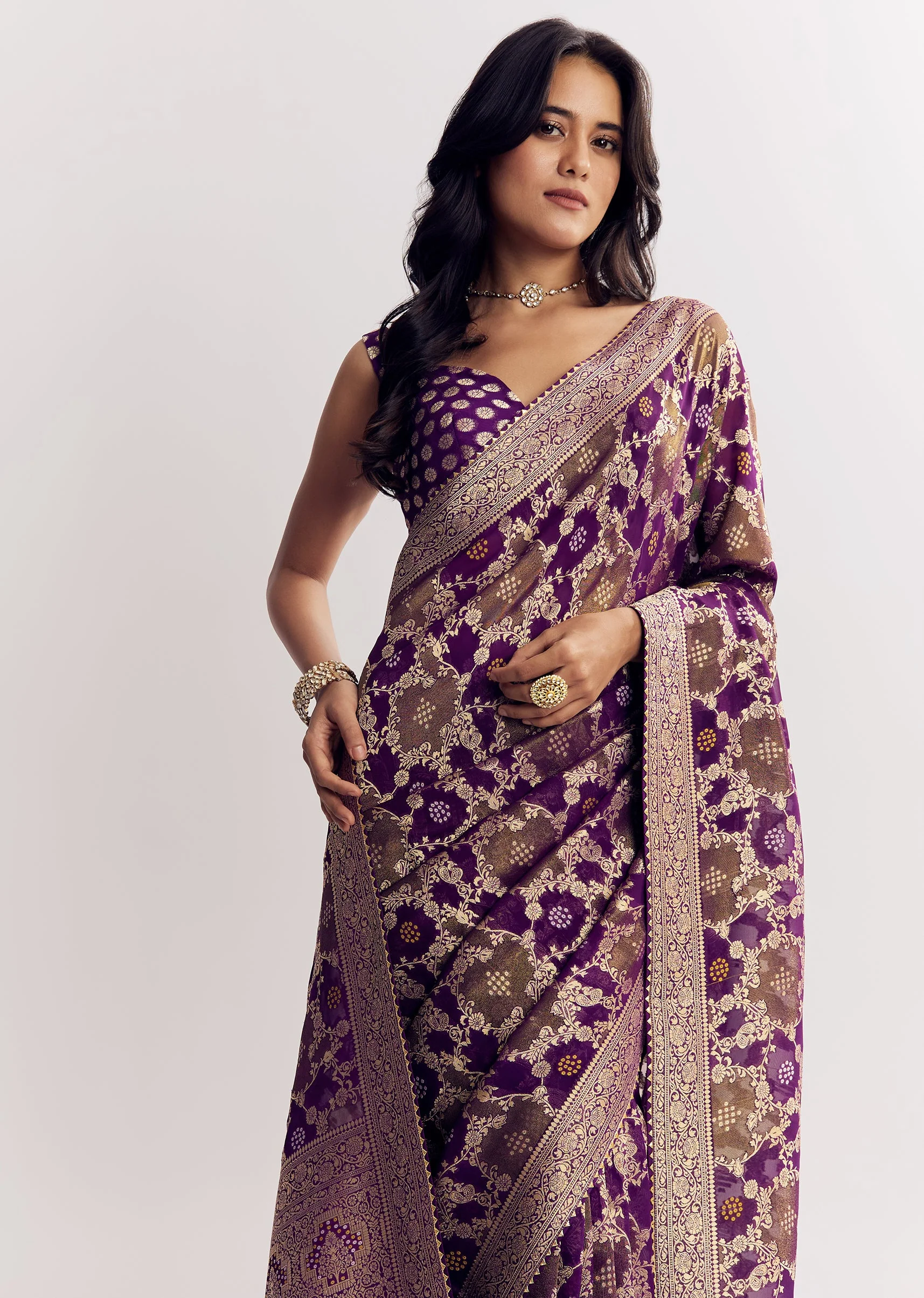 Purple Shaded Georgette Ready To Wear Saree With Zari Jaal Work - Image 5