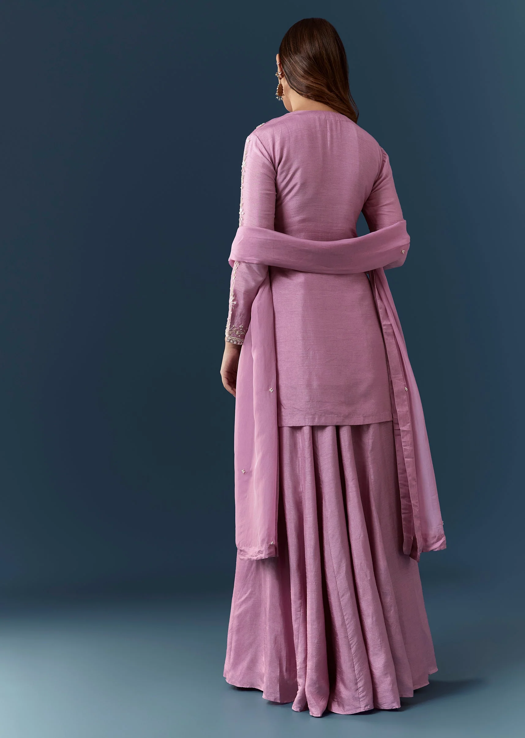 Purple Silk Embroidered Kurta and Skirt Set - Image 5