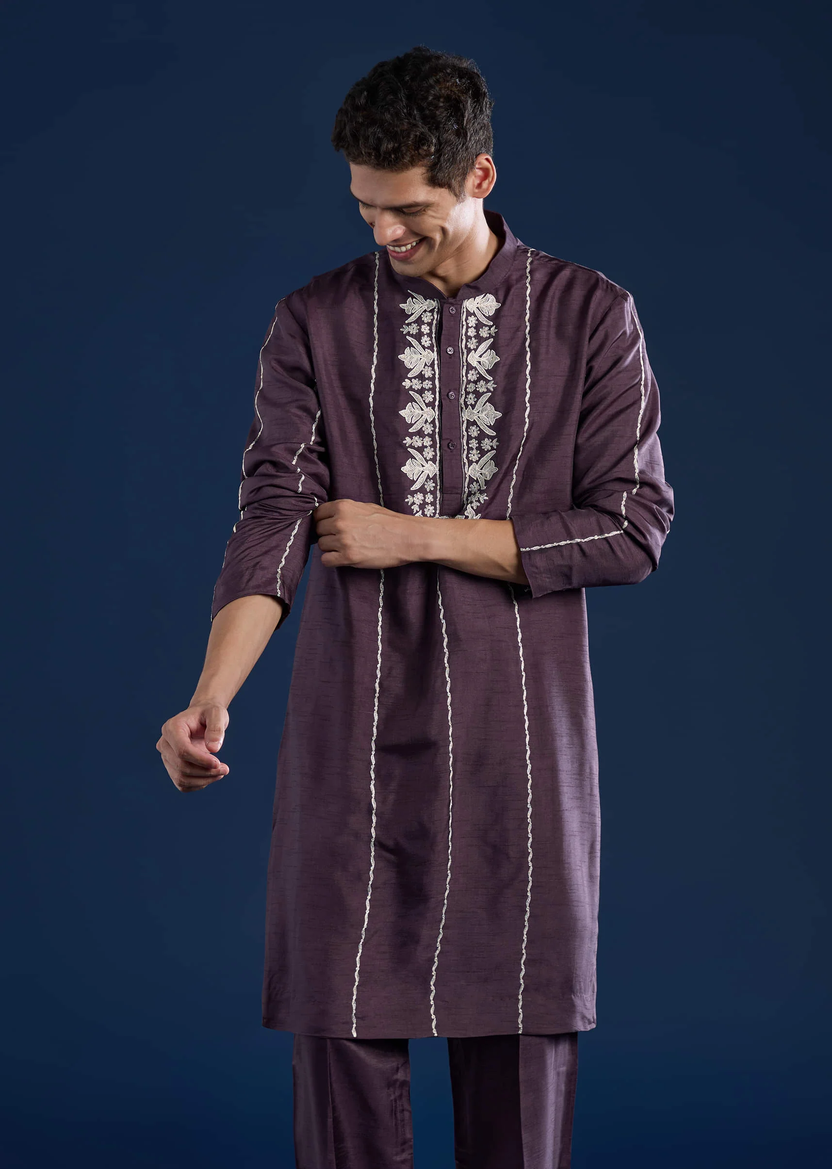 Purple Silk Jacket Kurta Set with Dori Work - Image 6