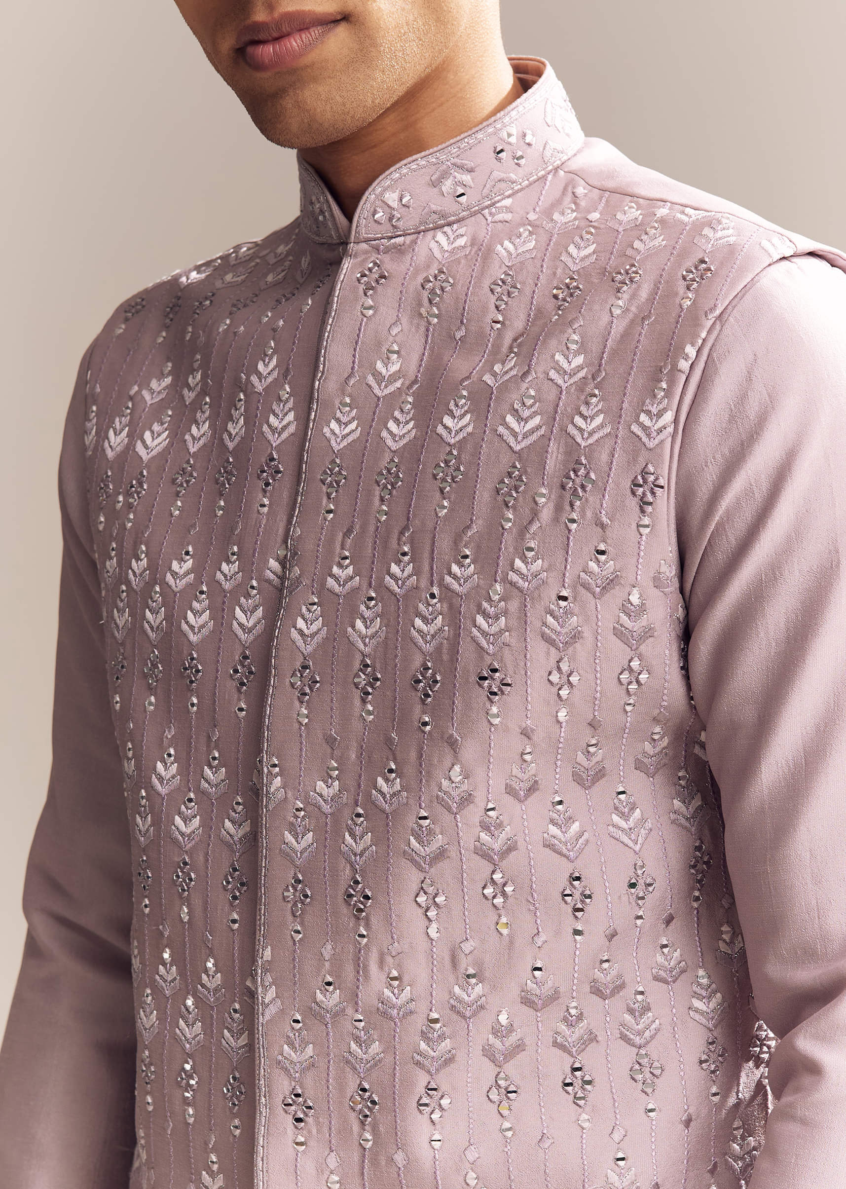 Purple Silk Kurta Jacket Set For Men With Mirror Embroidery - Image 2