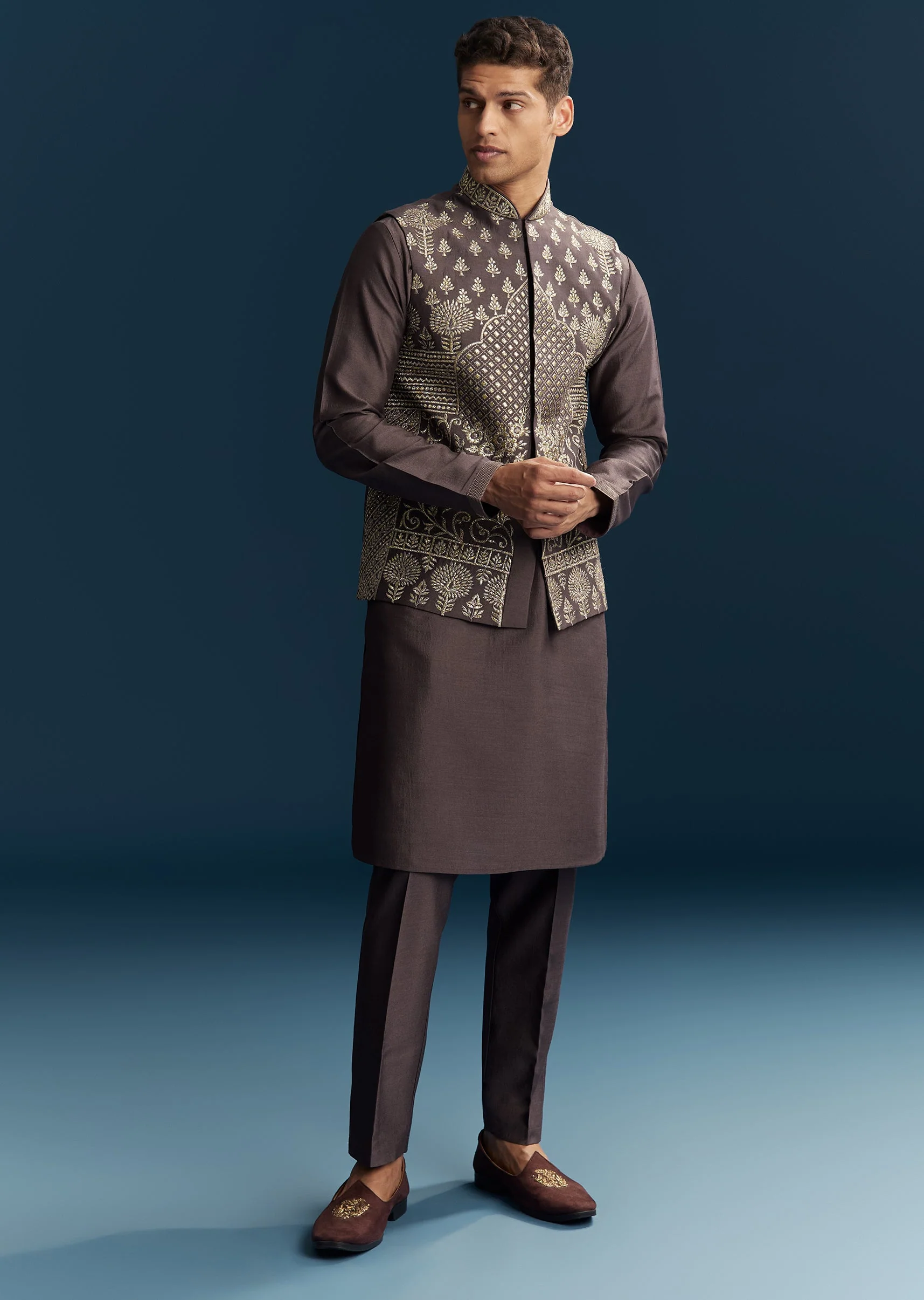 Purple Silk Kurta Jacket Set With Thread Detail Work - Image 3